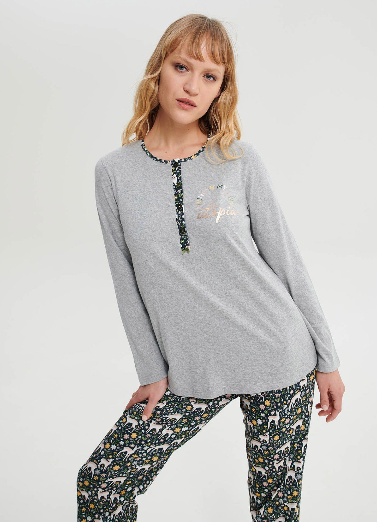 Vamp Schlafanzug VAMP lingerie (Set, 2 tlg., 2-teilig) Damen Schlafanzug lang 2-teilig Pyjama Baumwolle Glitzer-Aufdruck