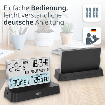 ADE Digitale Wetterstation Funk mit Außensensor Funkwetterstation (mit Vorhersage, Funkwecker, Beleuchtung, auffällige rahmenlose Optik)