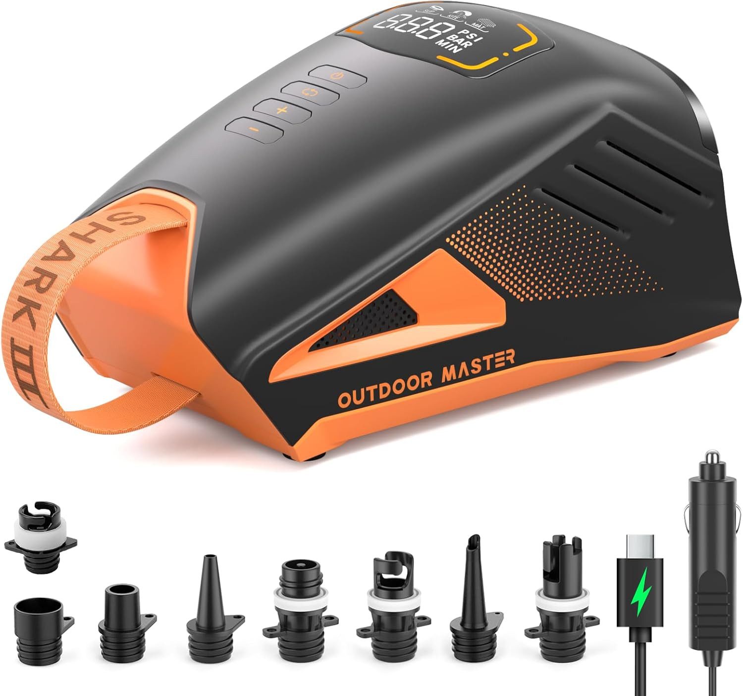 Outdoor Master Akku-Luftpumpe Shark 3 Akku SUP Pumpe Elektrisch 20 PSI Turbo-Aufpumpen 8 Düsen, Turbo-Modus (3'50), aktives Kühlsystem & Powerbank-Notfallfunktion