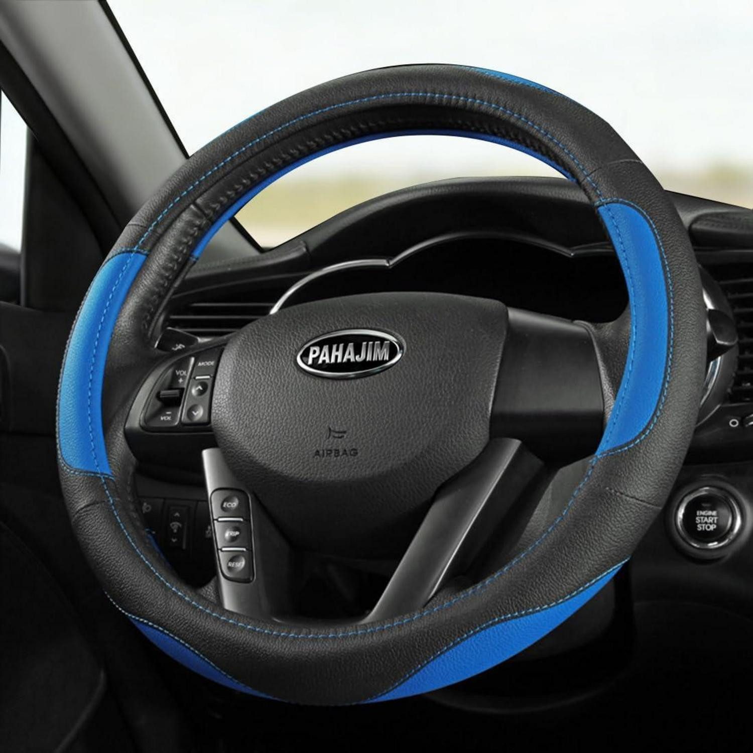 LuxusKollektion Lenkradbezug Lenkradbezug Microfiber 38cm rutschfest Auto Black Blue in Lederoptik