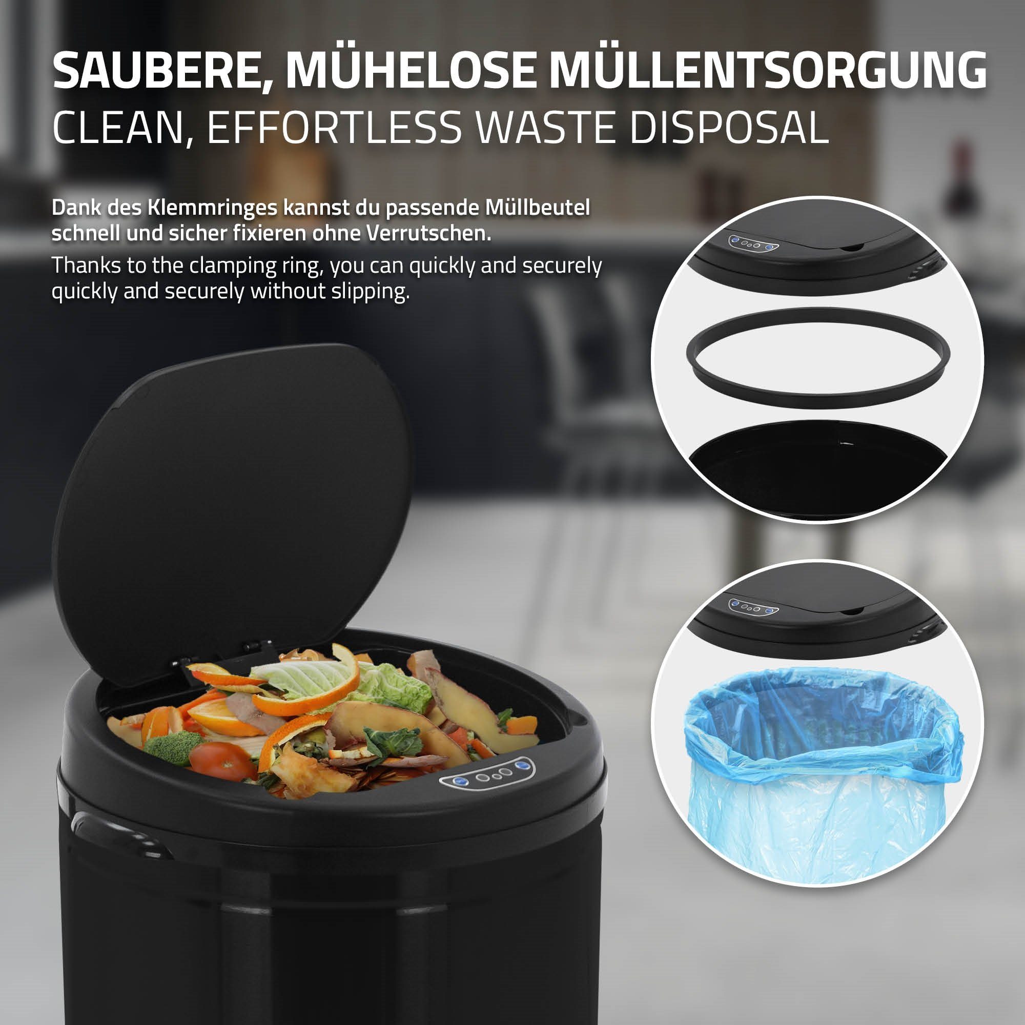 Öffnen mit Müllbehälter Abfalleimer Edelstahl & Rund Bewegungssensor, Schwarz ML-DESIGN Mülleimer 50L Schließen berührungslos automatisches