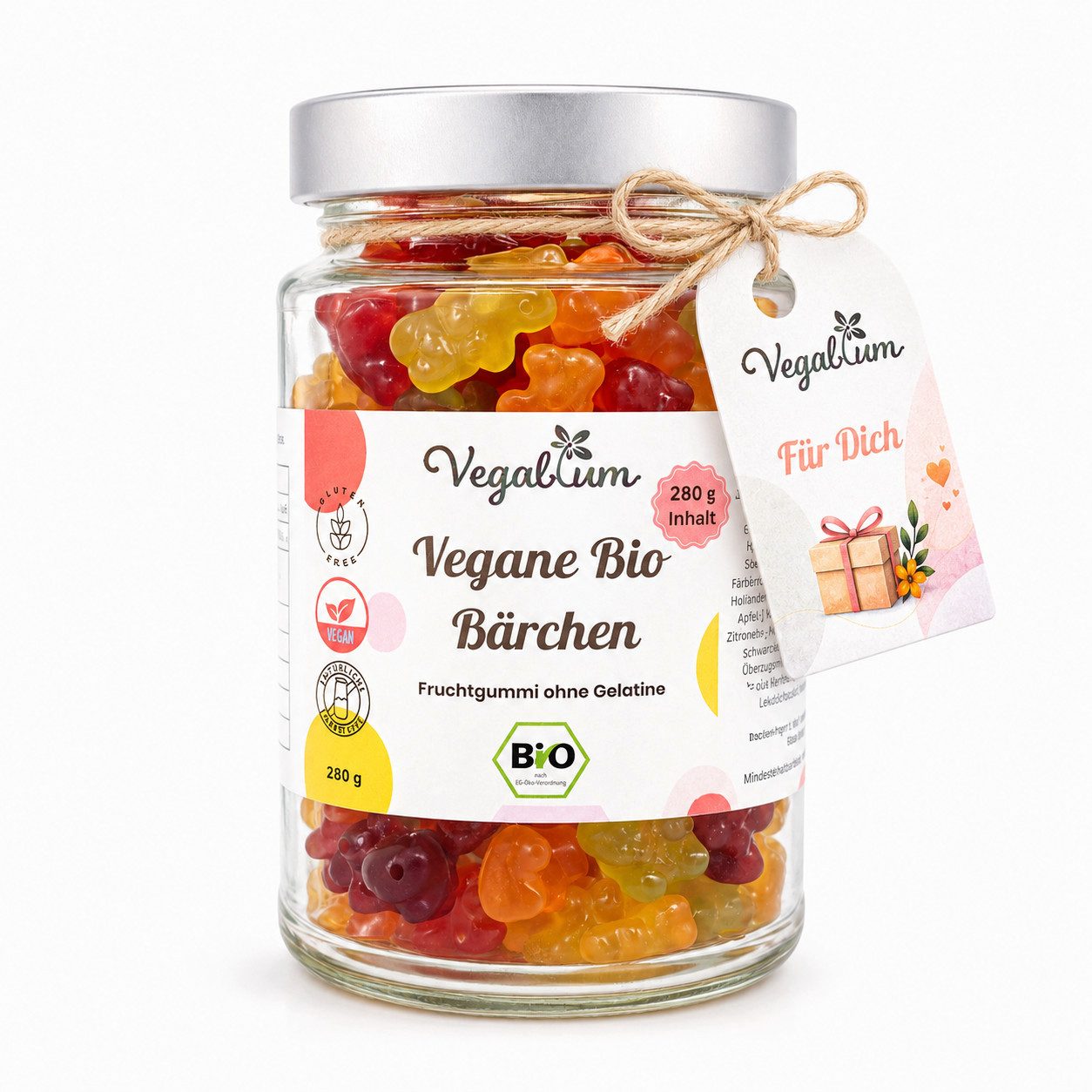 Vegablum Süßigkeit Bio Bärchen XL, Geschenkglas mit Für Dich Anhänger, 1 x 280,00 g, vegan, ohne Gelatine, mit Für Dich Anhänger