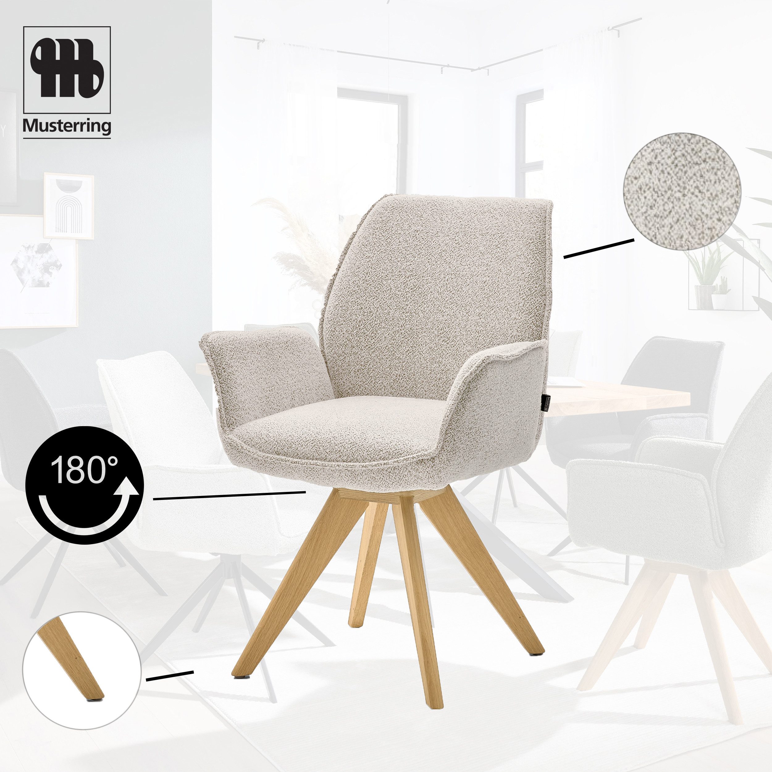 Musterring Esszimmerstuhl Tiama (Set, 2 St), Stativgestell Eiche massiv, 180° drehbar, Stoff Cord oder Bouclé