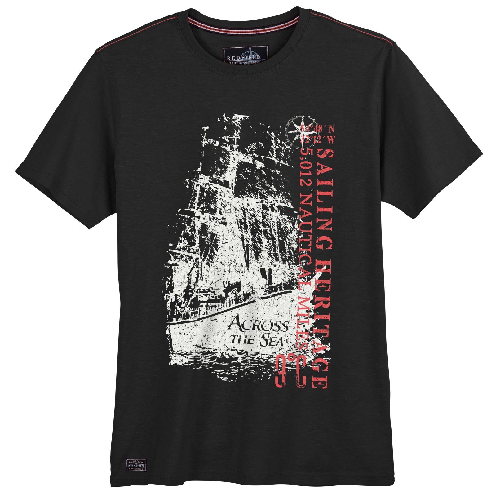 redfield Rundhalsshirt Große Größen Herren T-Shirt Segel-Print schwarz Redfield