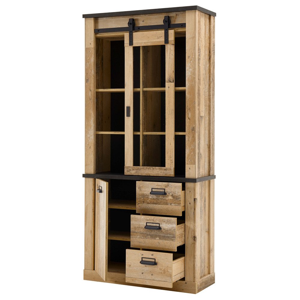 Lomadox Vitrine SHELTON-61 in Old Style hell Nb. mit anthrazit, B/H/T: ca. 93/201/38 cm