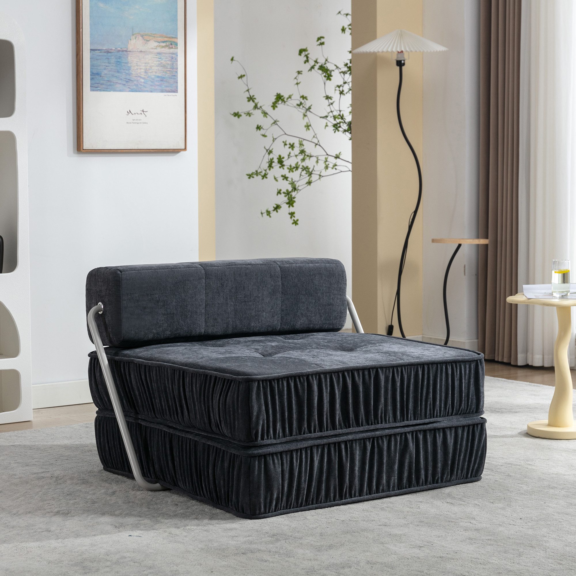 HAUSS SPOLE Loungesofa umwandelbarer Klappsofa Loungesessel mit Faltenoptik Wohnzimmer,Grau, umwandelbarer Multifunktionssofa Sofagarnituren mit Schaumstoff, Klappbares Sofa-Bett – 2-in-1 für Wohnzimmer