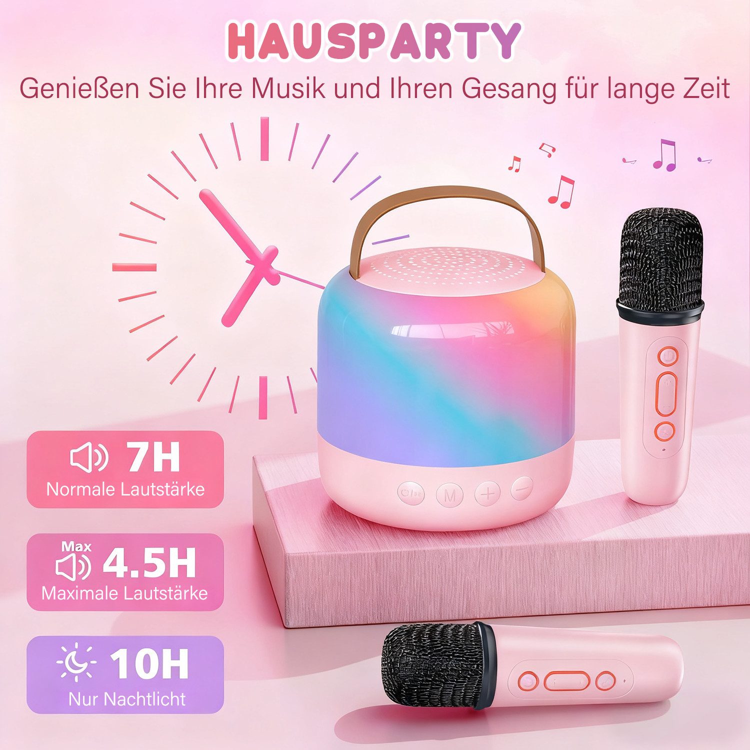 MOPUEA Mini Karaoke Maschine mit 2 Kabellosen Mikrofonen Karaoke-Anlage Bluetooth-Lautsprecher (5 W, mit LED Lichteffekt, USB-Ladung,Geburtstags- und Urlaubsgeschenk)