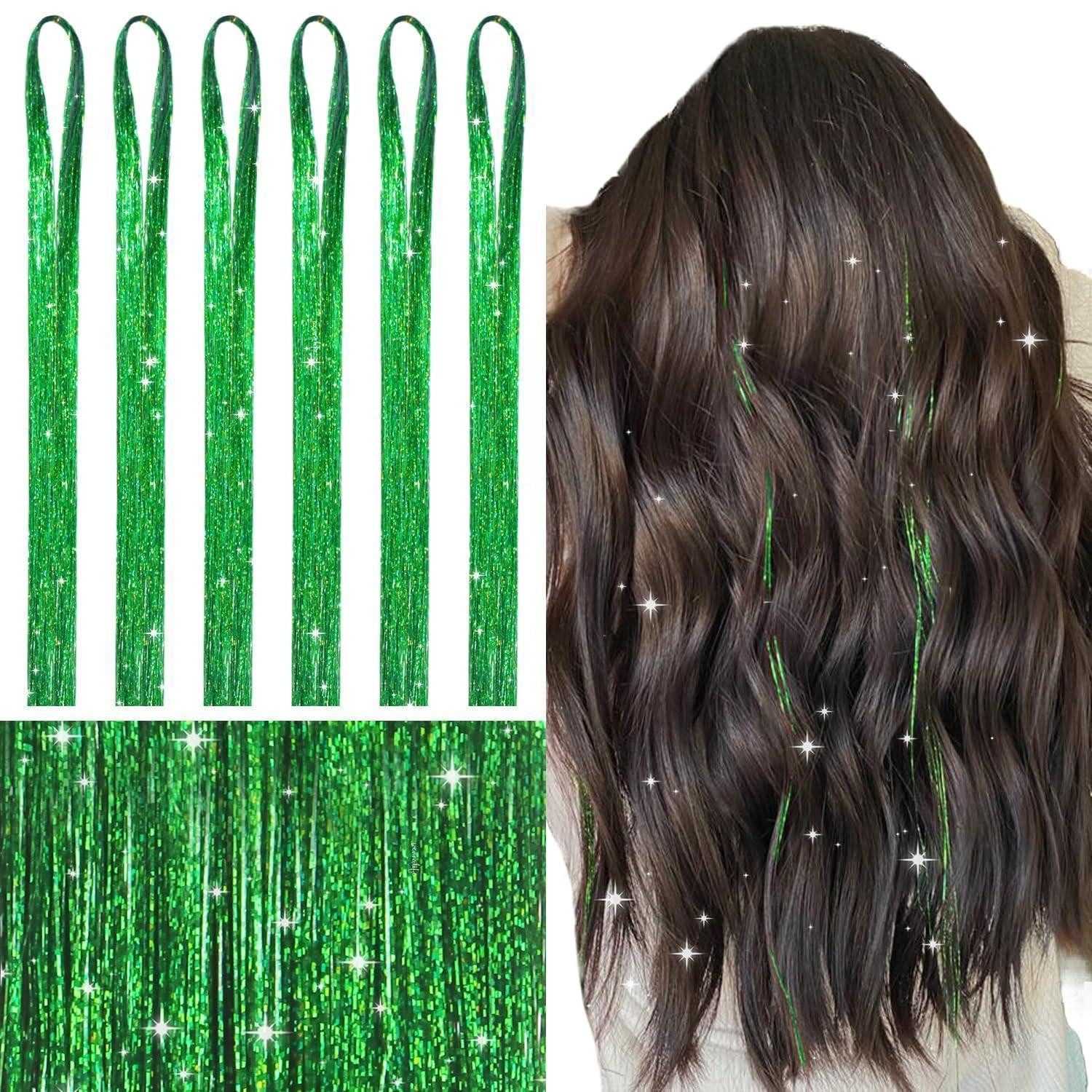LuxusKollektion Kunsthaar-Extension Haarlametta Glitzer Haarsträhnen Party 120cm - 6er-Pack T-#Grün