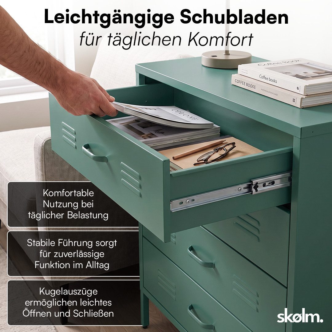 skølm Kommode Atria aus Metall (Dunkelgrün), Sideboard mit 4 Schubladen, Metallschrank mit höhenverstellbaren Füßen – Bild 4 von 5