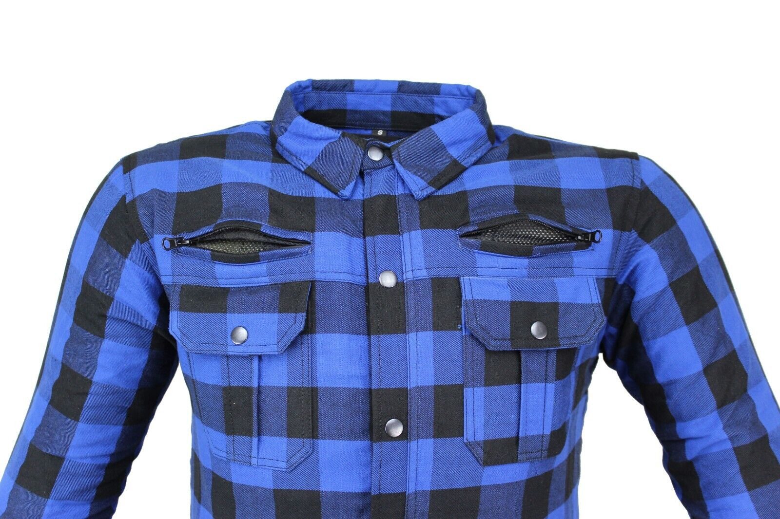 Alpha Speeds Motorradjacke Flanell-Holzfäller Motorrad KEV ARAMID Lumber Biker Hemd SLIM Blau (Wasserdicht & Winddicht & Atmungsaktiv + Belüftungstaschen / Motorradhemd) All Season, wasserdichte Reißverschlüsse, mit Protektoren