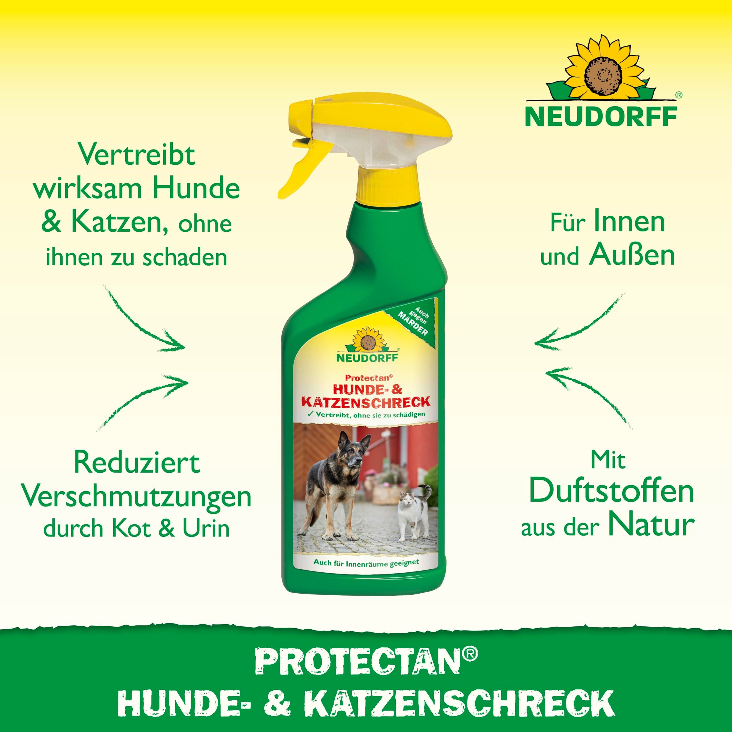 Neudorff Vergrämungsmittel Protectan Hunde- und KatzenSchreck 500 ml, 0.5 l, Anwendungsfertiges Spary vertreibt effektiv störende Hunde und Katzen in Innenräumen und im Außenbereich, Katzenschreck für Garten ohne Tieren zu schaden, Hundeschreck mit Duftstoffen, wie sie auch in der Natur vorkommen