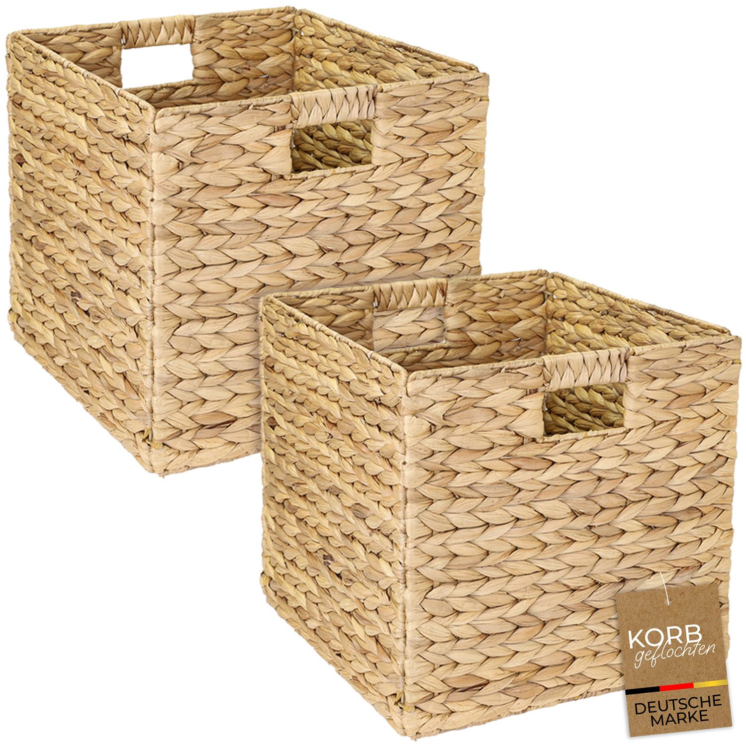 HMF Regalkorb Aufbewahrungskorb passend für KALLAX Regal, Korb geflochten aus, Wasserhyazinthe mit Griffen, 2er Set, 32 x 34,5 x 32 cm, Naturfarben
