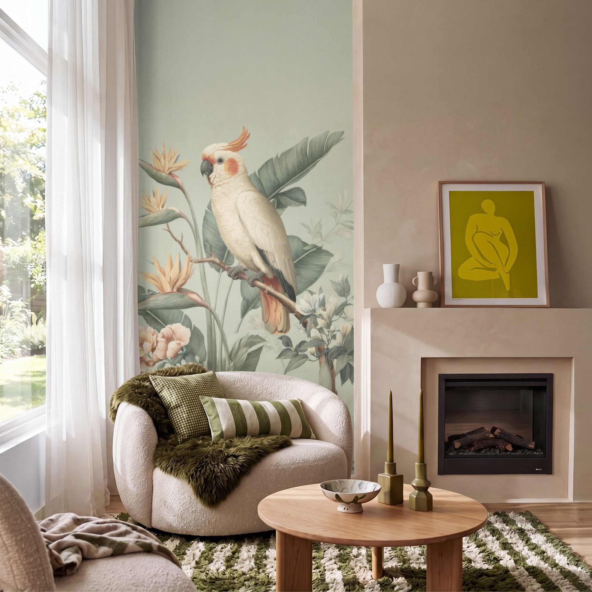 OnlyWow Fototapete Gelbhaubenkakadu - Paradiesvogel Blumen - Grün, Matt, bedruckt, Wandtapete, Schlafzimmer, bedruckt 100x220cm