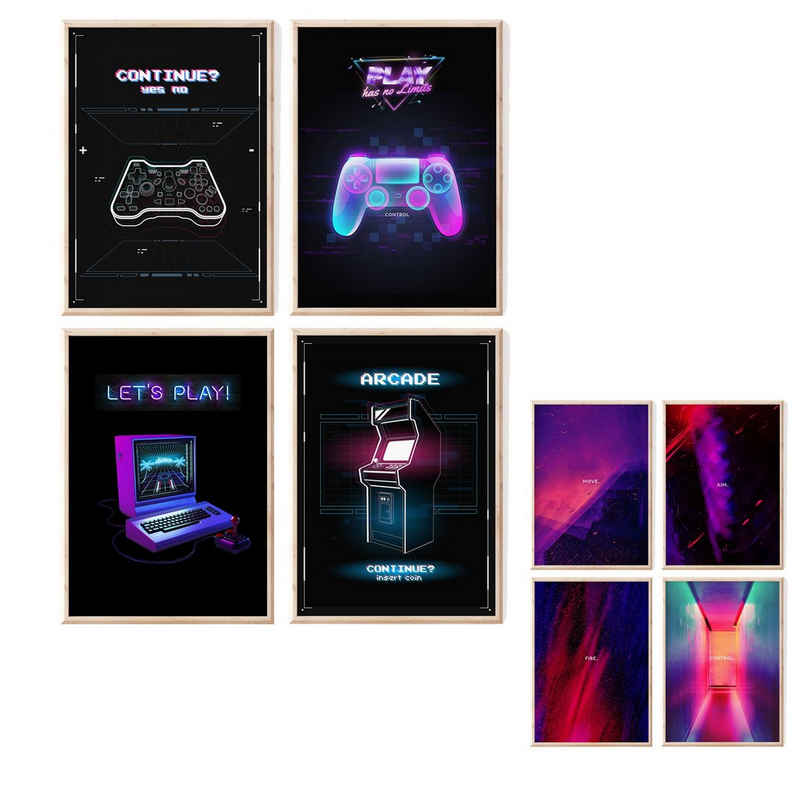 myDreamwork Poster »Gaming Poster 4x A4, Poster Set, OHNE Bilderrahmen, Gamer Geschenk, Zocker Geschenk, Bilderset Neon«, Neon