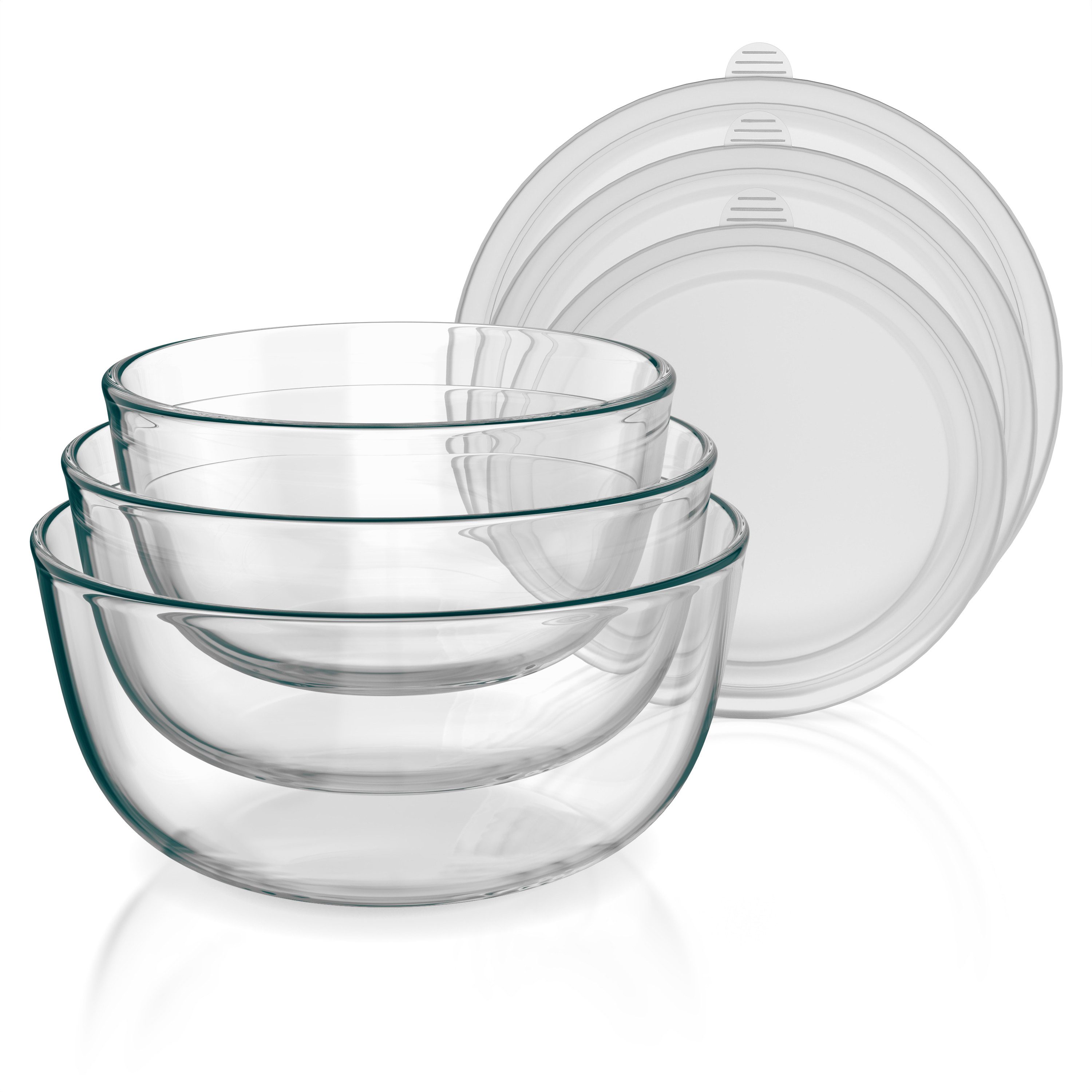 Arendo Salatschüssel 3er Set mit Deckel, Glasschüssel 0,7L / 1,1L / 1,5L, Glas Rührschüssel, Glas, (3er Set, 3-tlg), Glasschale, BPA-frei, Spülmaschinen und Mikrowellen geeignet