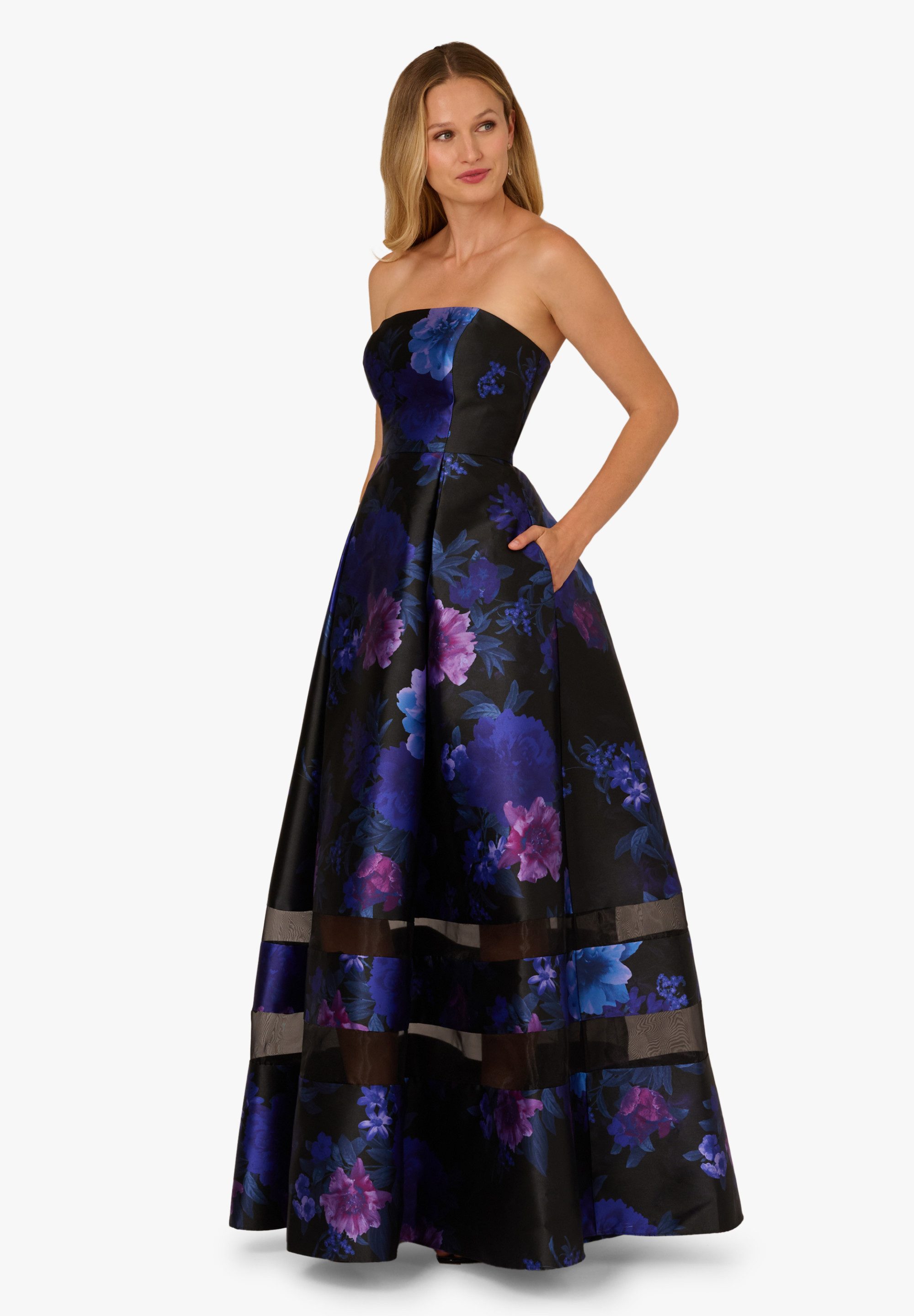 Adrianna Papell Abendkleid Strapless Organza Gown Auffälliges, florales Mikado-Ballkleid
