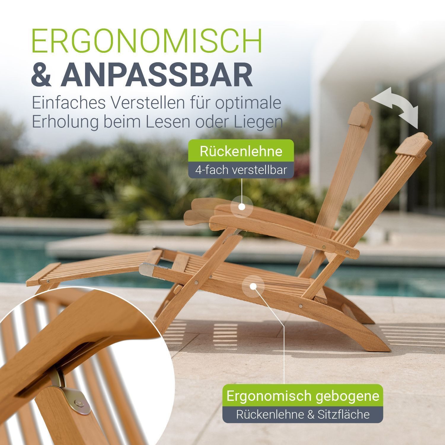 Juskys Gartenliege Evia, 1 St., Robustes Akazienholz, Klappbar, 4-fach verstellbare Rückenlehne