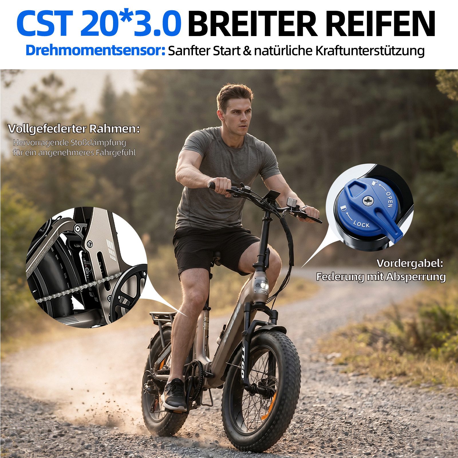 TTGO E-Bike Klapprad 20 Zoll, Fully, Vollfederung, 48V 720Wh, bis zu 150km, 150kg belastbar, 7 Gang SHIMANO, Kettenschaltung, Heckmotor, 720 Wh, (Faltrad, Softtail, hydr. Scheibenbremse, mit Bremslicht), Drehmomentsensor, Lockout-Federgabel, Elektrofahrrad für Damen Herren