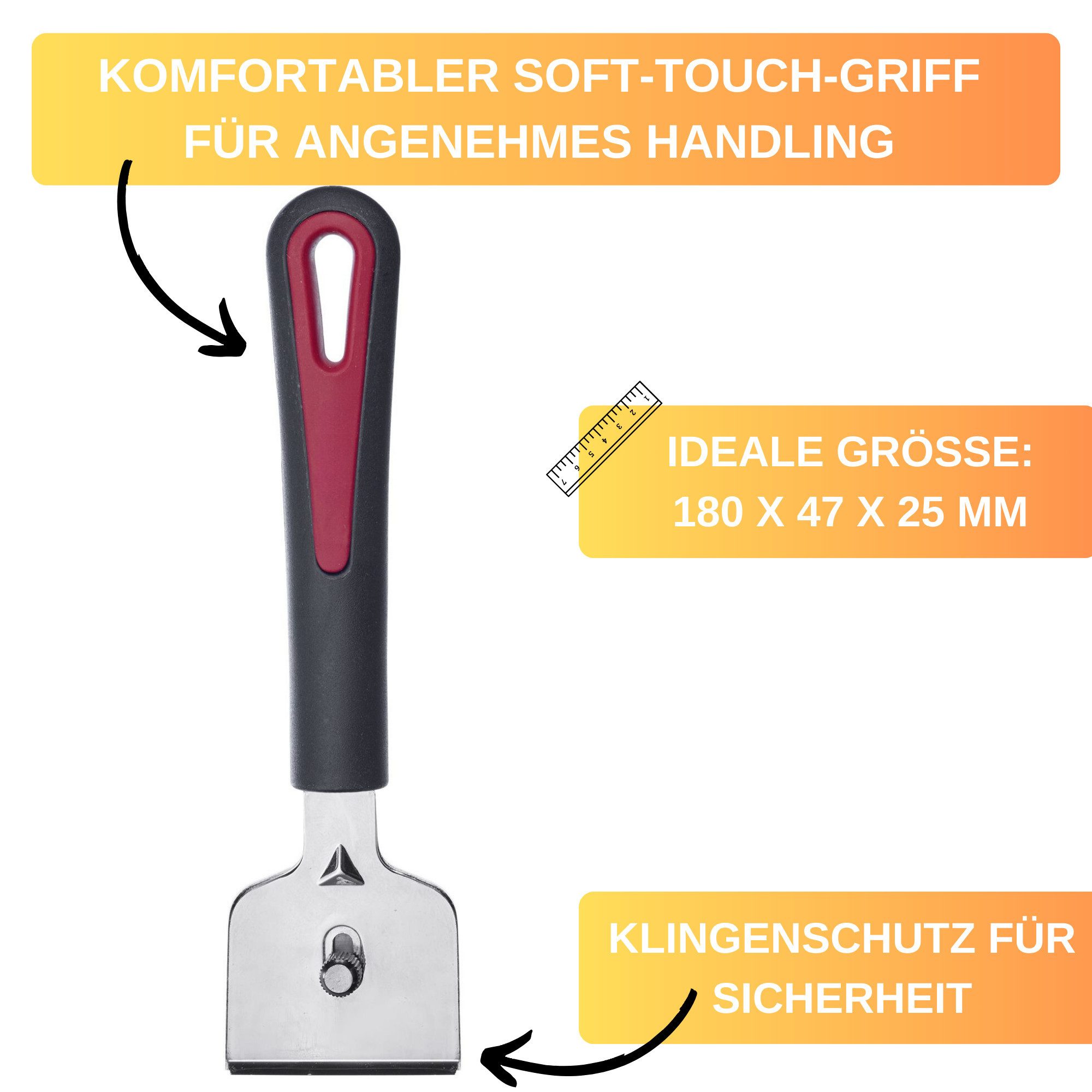 Thiru Universalschaber Ceranfeld- und Reinigungsschaber inklusive 5 Reinigungsklingen Made in Germany, Komfort-Soft-Touch-Griff, Aufhängeöse