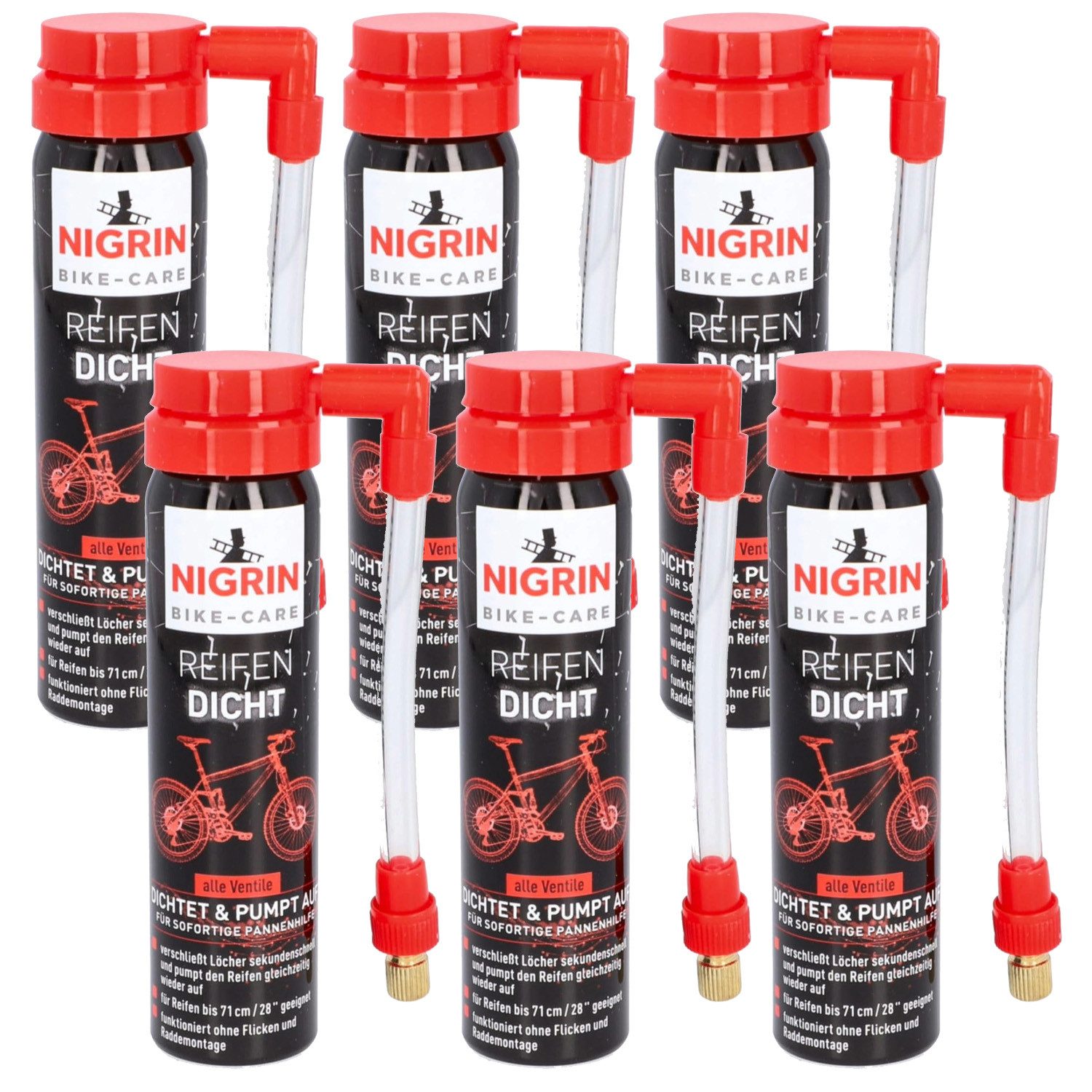 NIGRIN Reifen-Reparaturset 6x Bike Fahrrad Reifen-Dicht Pannen-Dichtmittel, 6-St., 6x Reifendicht-Spray 75ml, Reifendicht-Spray Flickzeug Reifenpilot Pannenhilfe Schnell Reparatur