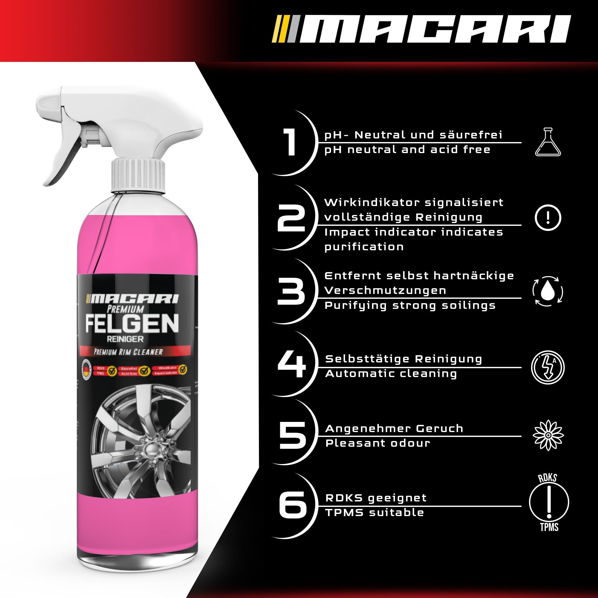 1 Autopflege Felgenbürste mit Macari Felgenreiniger Liter) (3-St. Reifenpflege Reifenglanz Reinigungsset