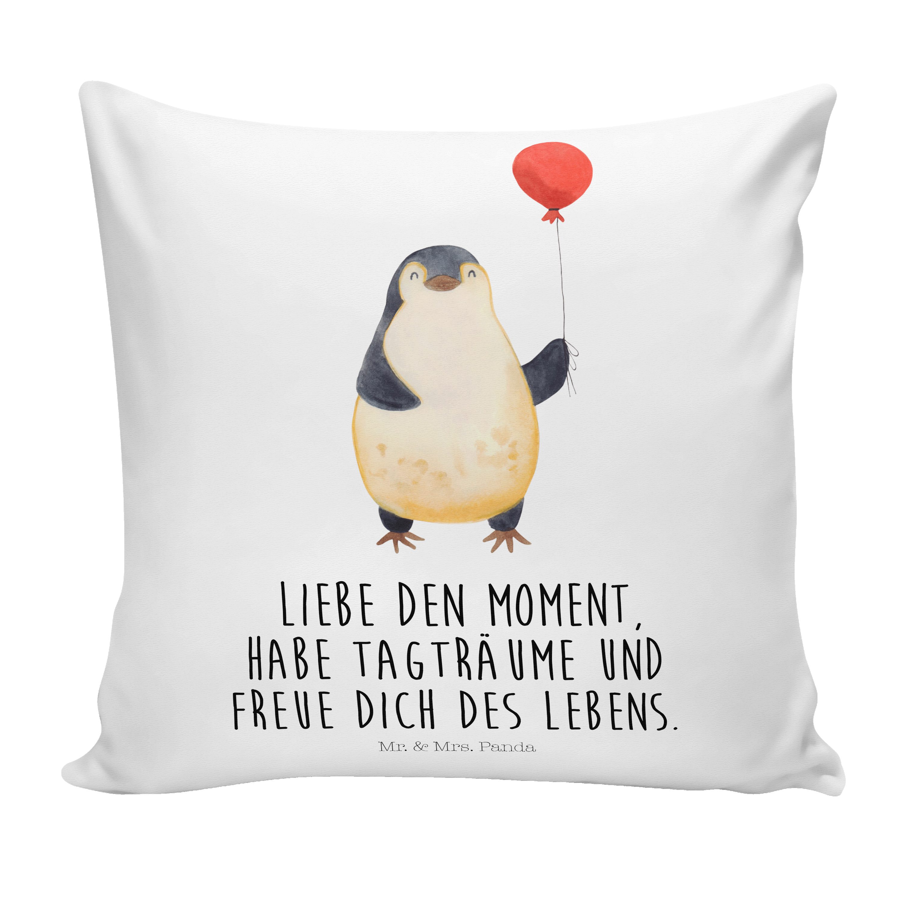 Mr. & Mrs. Panda Dekokissen Pinguin Luftballon - Weiß - Geschenk, Kissenhülle, Dekokissen, Liebe