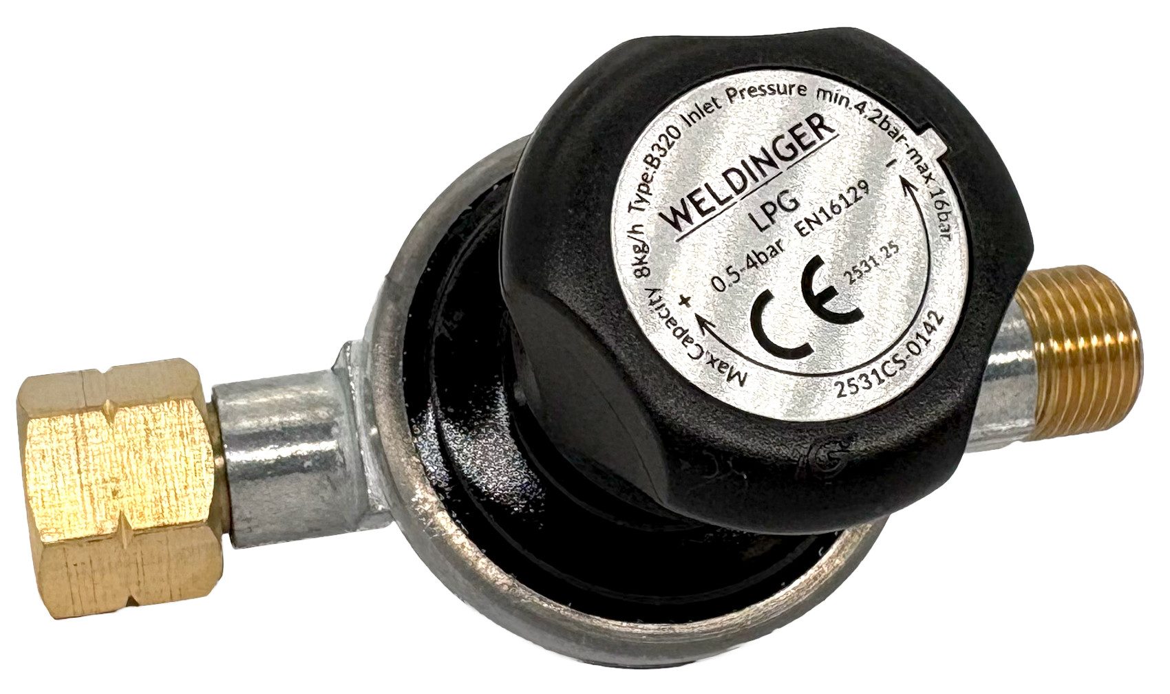 WELDINGER Druckregler Propanregler stufenlos regelbar 0,5-4 bar Ein-/Ausgang 3/8"links, 16 mbar, (1-St), Regler für Handwerkerflasche 0,5-4 bar regelbar