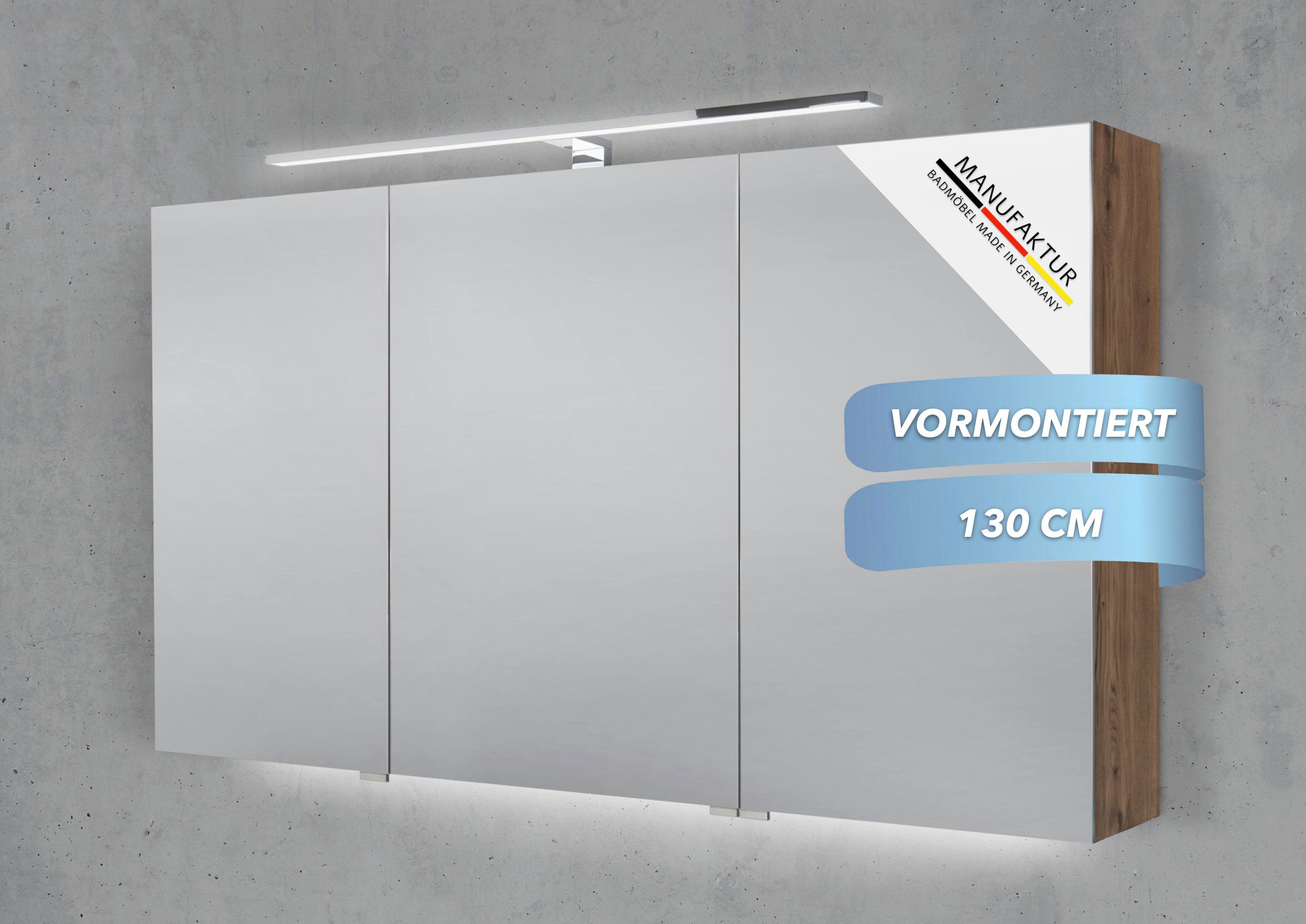 Intarbad Badezimmerspiegelschrank 3-türiger Spiegelschrank mit schmaler MULTI LED Aufsatzleuchte dimmbar (Doppelspiegeltüren, Holz-/ Lackdekore, Maße von 120 bis 140 cm wählbar, Höhe 70 cm, Glasfachböden, Magnetleiste & Kosmetikspiegel Ø 12 cm) Vormontierte Lieferung, Floatglas, 160 kg Traglast, Made in Germany