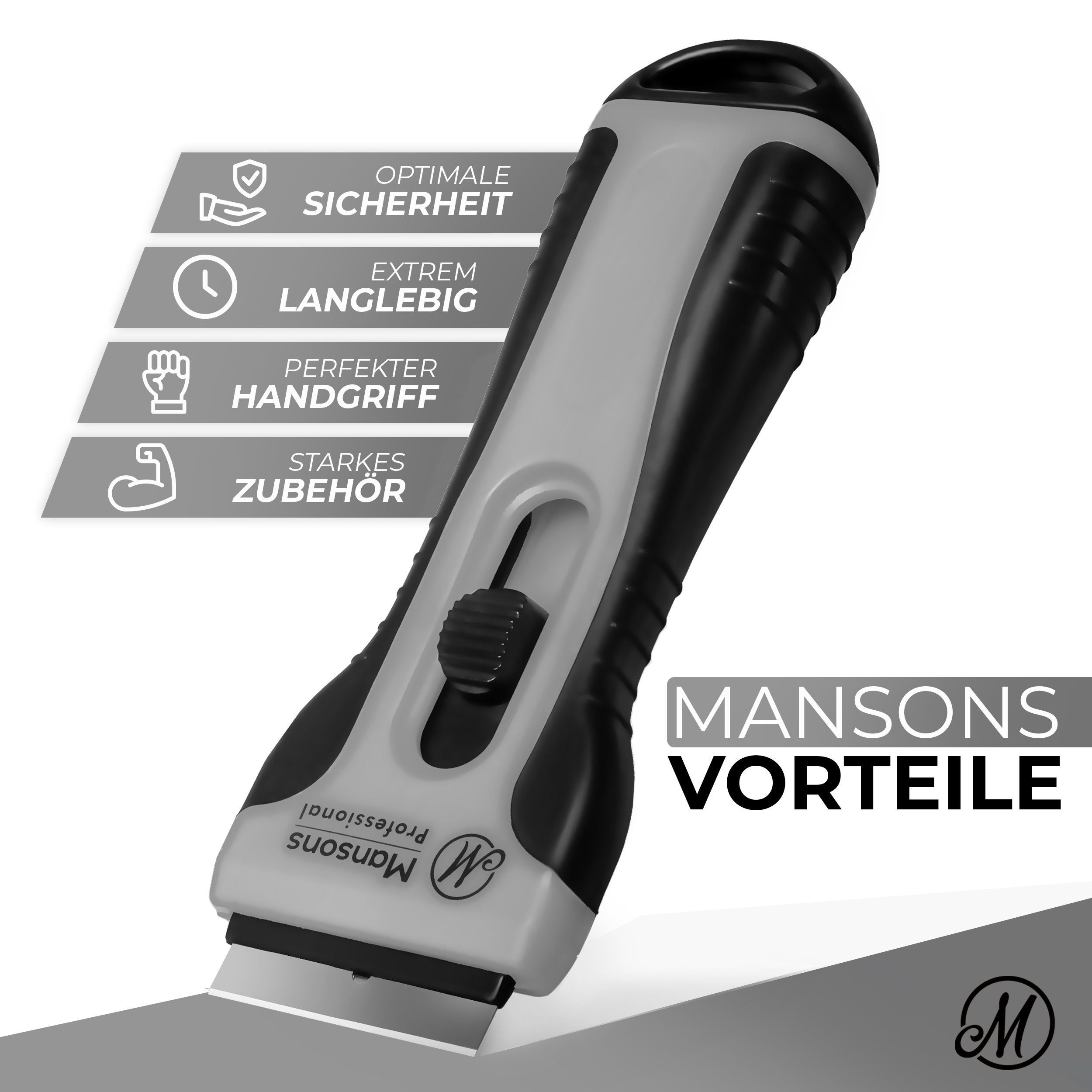 Mansons Glasschaber Ceranfeldschaber mit 15 Klingen Ceran® Schaber für Kochfeld und Backofen, Set mit Aufbewahrungsbeutel