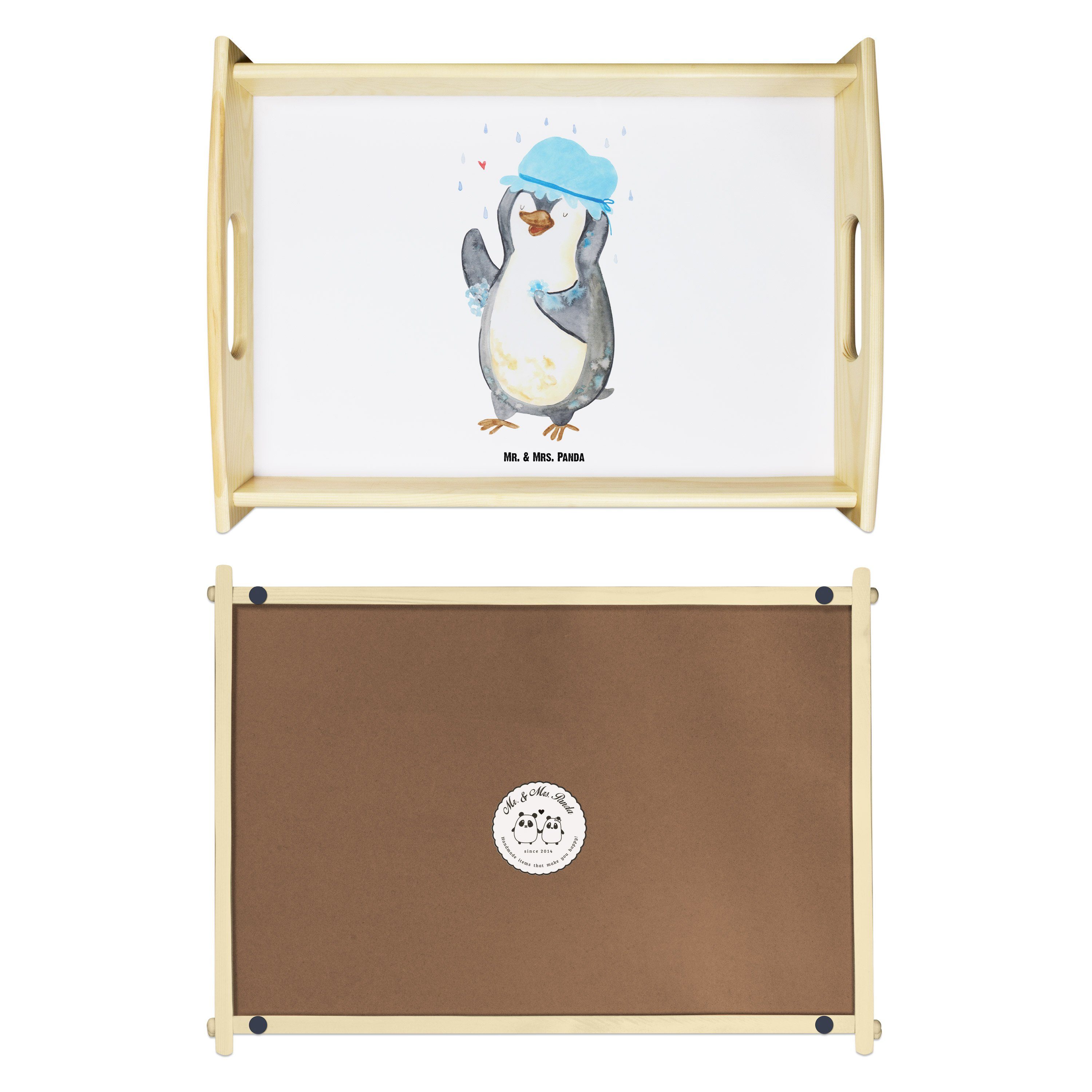 Mr. & Mrs. Panda Tablett Pinguin duscht - Weiß - Geschenk, Dusche, Tablett, Pinguine, Frühstüc, Echtholz lasiert, (1-tlg)