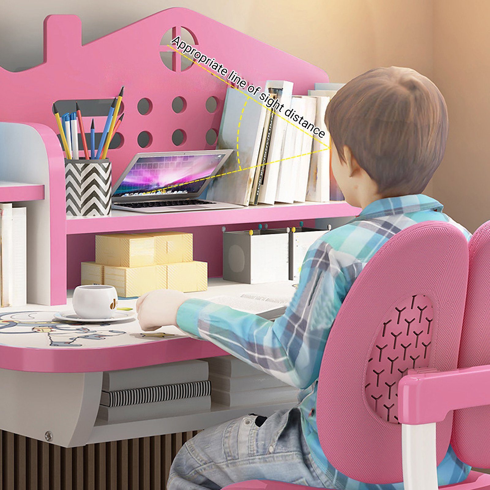 Rutaqian Kinderschreibtisch Kinderschreibtischstuhl Set für Kinder, Höheverstellbar 53 und 77cm, mit Stuhl & Schublade,Kinderschreibtisch für Zuhause und Schule
