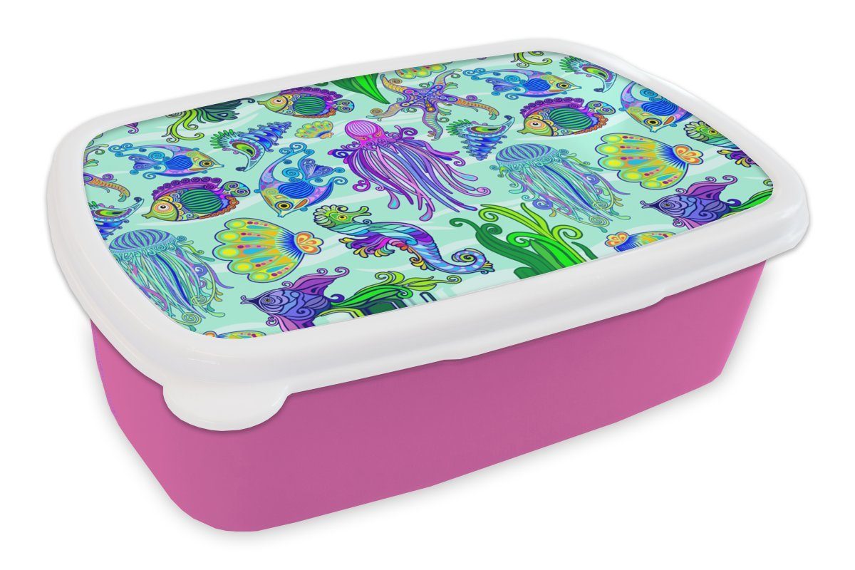 MuchoWow Lunchbox Tiere - Regenbogen - Fische - Muster, Kunststoff, (2-tlg), Brotbox für Erwachsene, Brotdose Kinder, Snackbox, Mädchen, Kunststoff rosa | Lunchboxen
