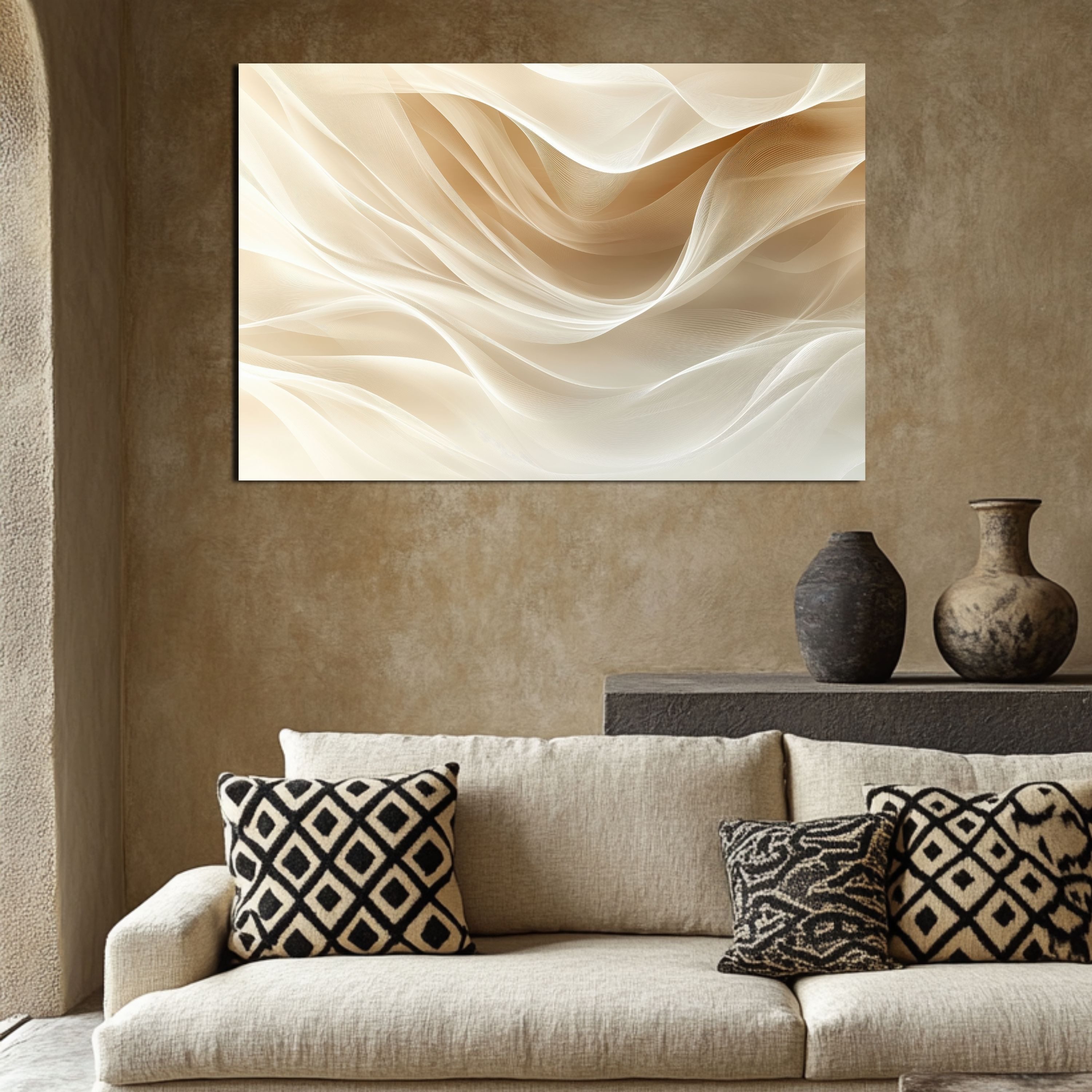 DARO Design Leinwandbild Modern Abstrakt Wandbilder XXL Wandbild Wand Deko Leinwand Bilder, (Wellen Beige - Bild groß Wohnzimmer Schlafzimmer Küche Esszimmer Ei – Bild 5 von 5