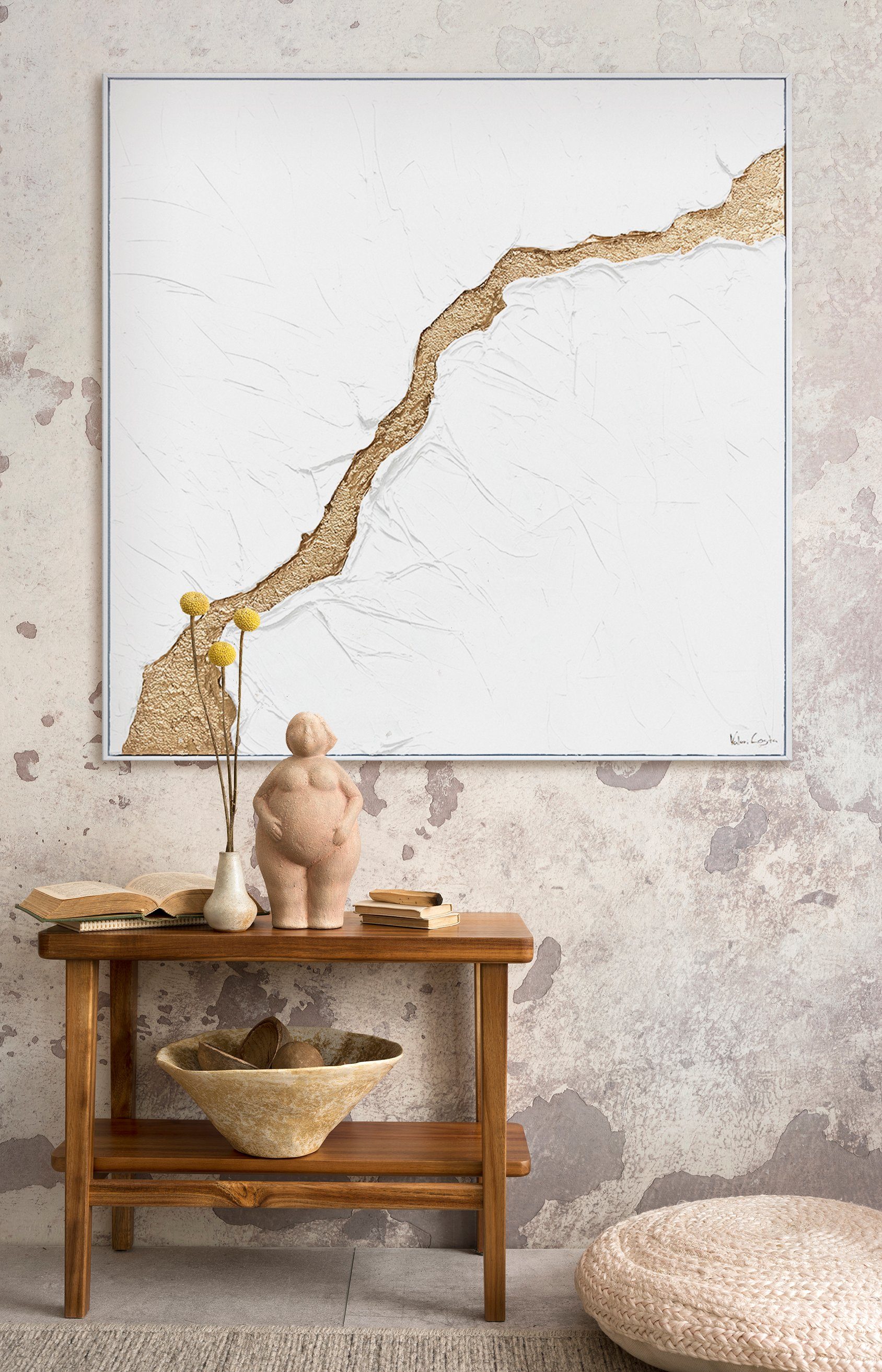 Die Handgemalt Flut, Abstrakt Weiß Bild Leinwand Gold YS-Art Gemälde in Rahmen mit Struktur
