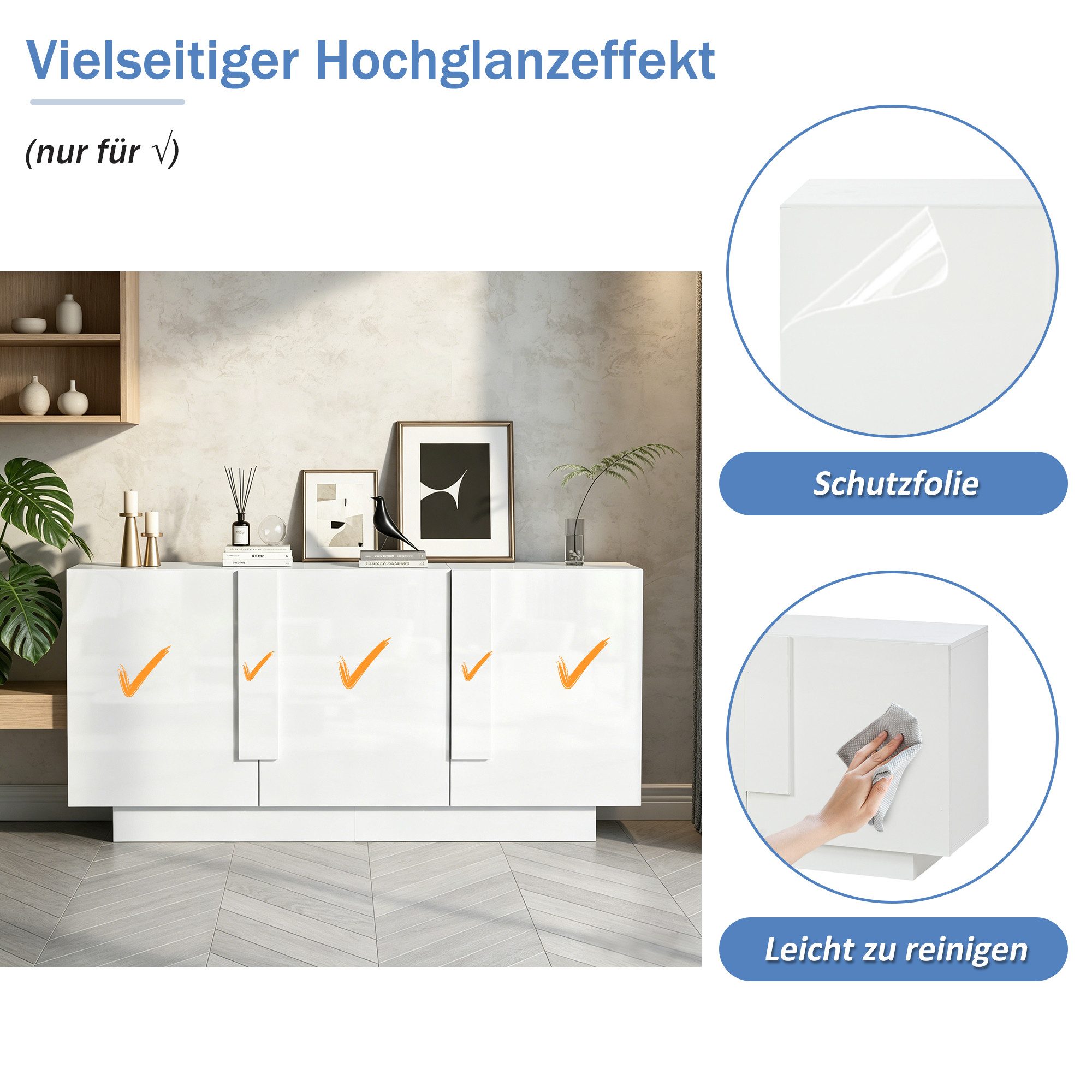 Merax Sideboard Hochglanz Kommode (35 x 160 x 60 cm, 1 St), Wohnzimmerschrank mit 3 Türen, 6 Fächern & großem Stauraum – Bild 4 von 5