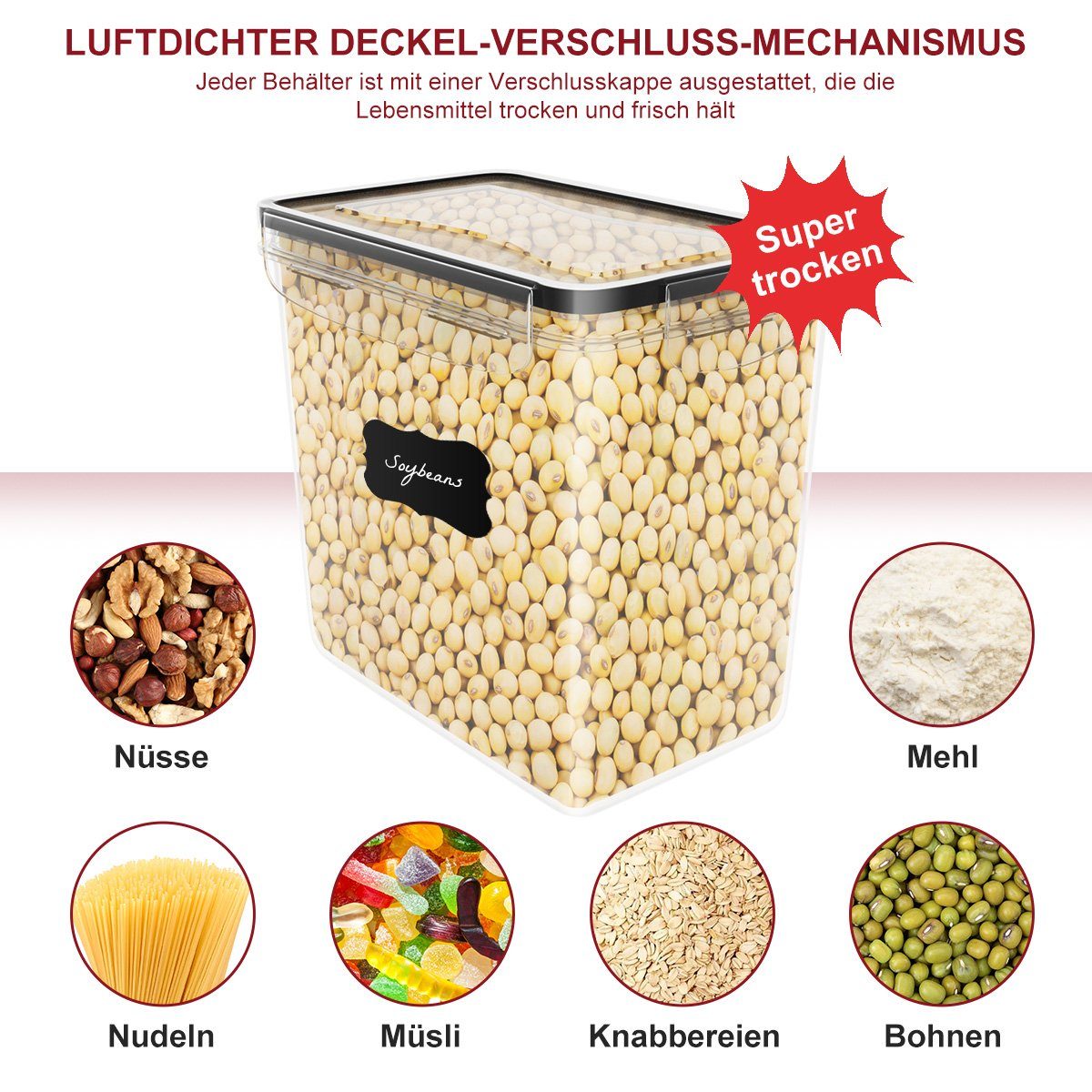 Simloveve Vorratsdose Vorratsdosen mit Deckel Luftdicht, BPA-frei Organizer Küche, Polyprophylen (PP), (22-tlg., Set inkl. Etiketten), Aufbewahrungsbox Küche 0,8/1,4/2,0/2,8L, für Mehl, Müsli, Zucker
