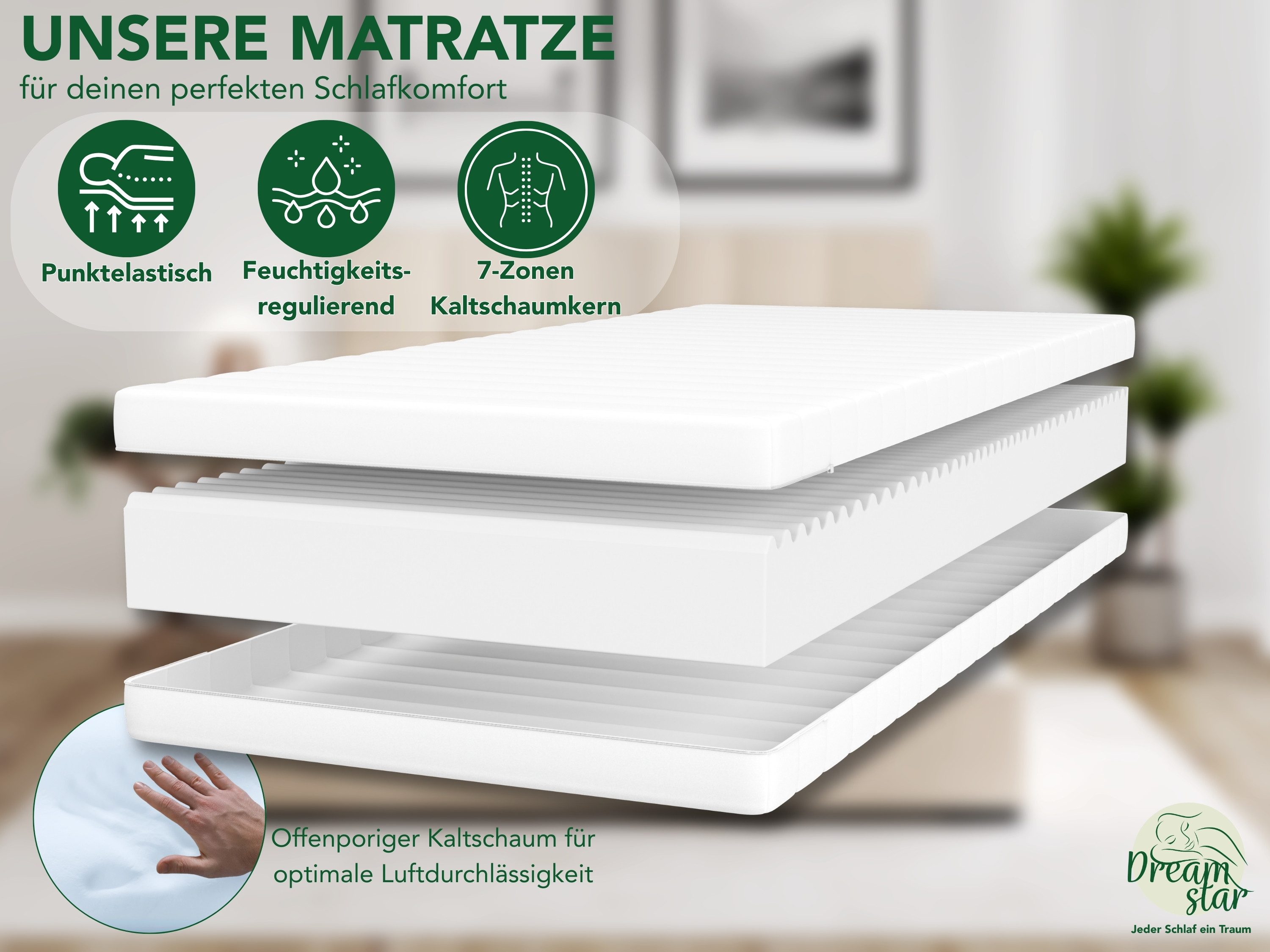 Kaltschaummatratze 7-Zonen Easy Flex - zwei Liegeseiten - 90x200 120x200 140x200 180x200, Dreamstar, verschiedene Größen, Härtegrade und Höhen - ergonomisch, we – Bild 3 von 5