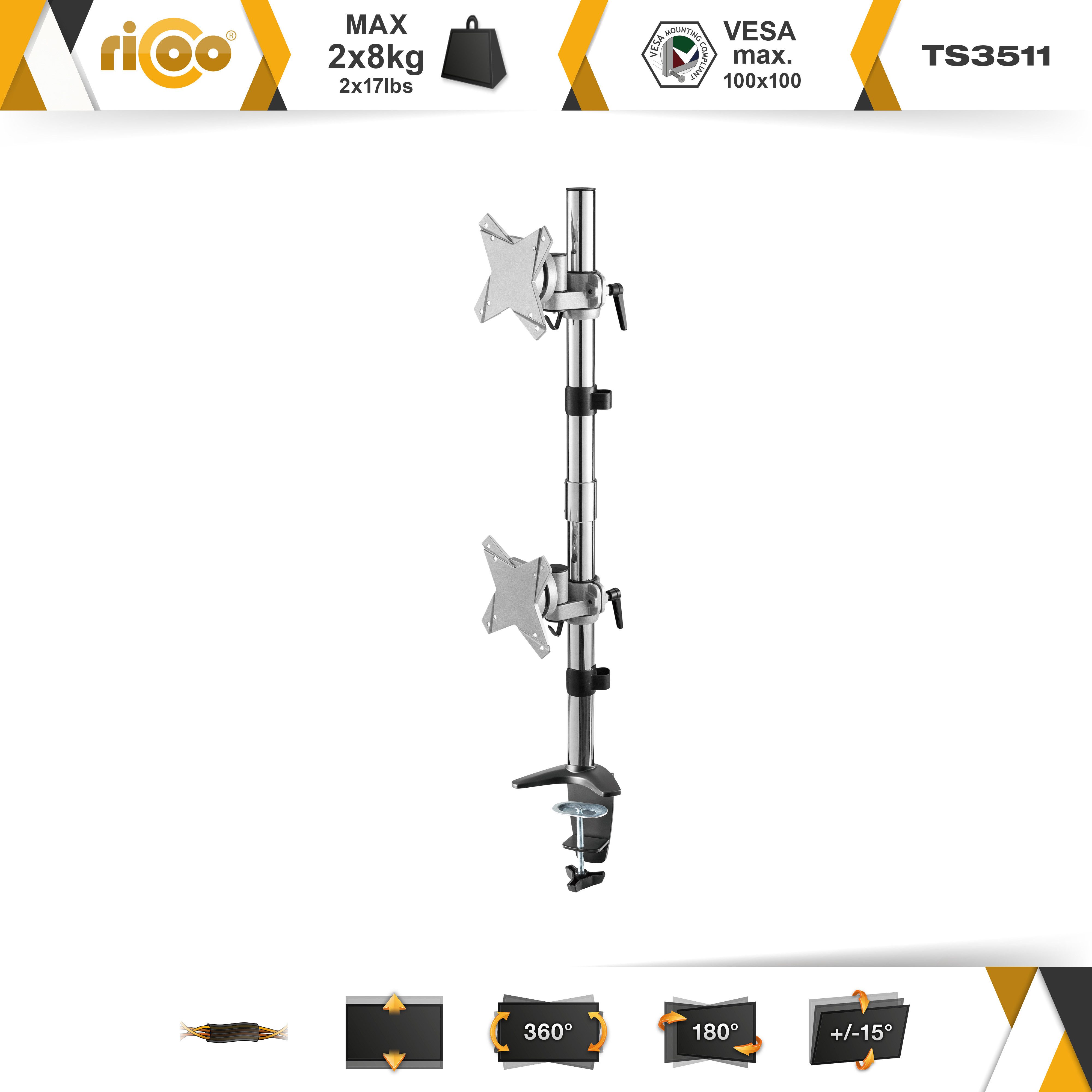 RICOO Monitor-Halterung Monitorhalterung für 2 Monitore Bildschirmhalterung vertikal TS3511, (bis 27 Zoll, VESA 75x75 und 100x100, 1-tlg., max 8Kg Belastbarkeit, von 33-69 cm (13"-27) Bildschirm-Diagonale, neigbar +/-15°, schwenkbar bis 180°, drehbar bis 360)