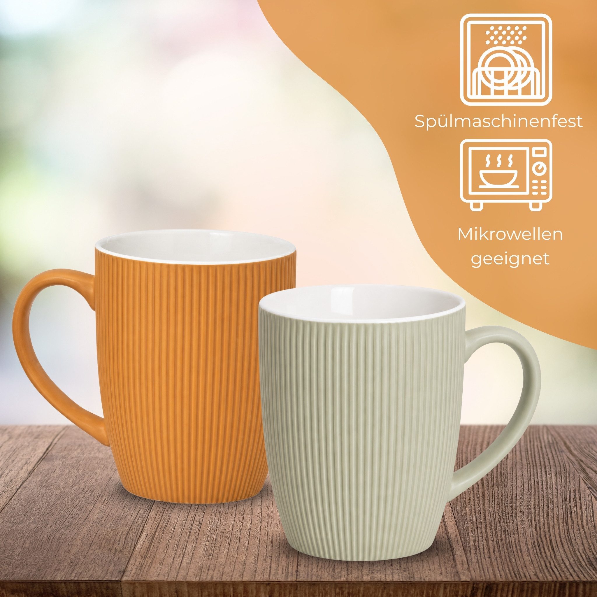 matches21 HOME & HOBBY Tasse Kaffeetassen 4er Set einfarbig gerippt Pastellfarben Rillen, 4-tlg., Keramik, Tee Kaffee-Becher, modern, orange beige creme grün, 300 ml