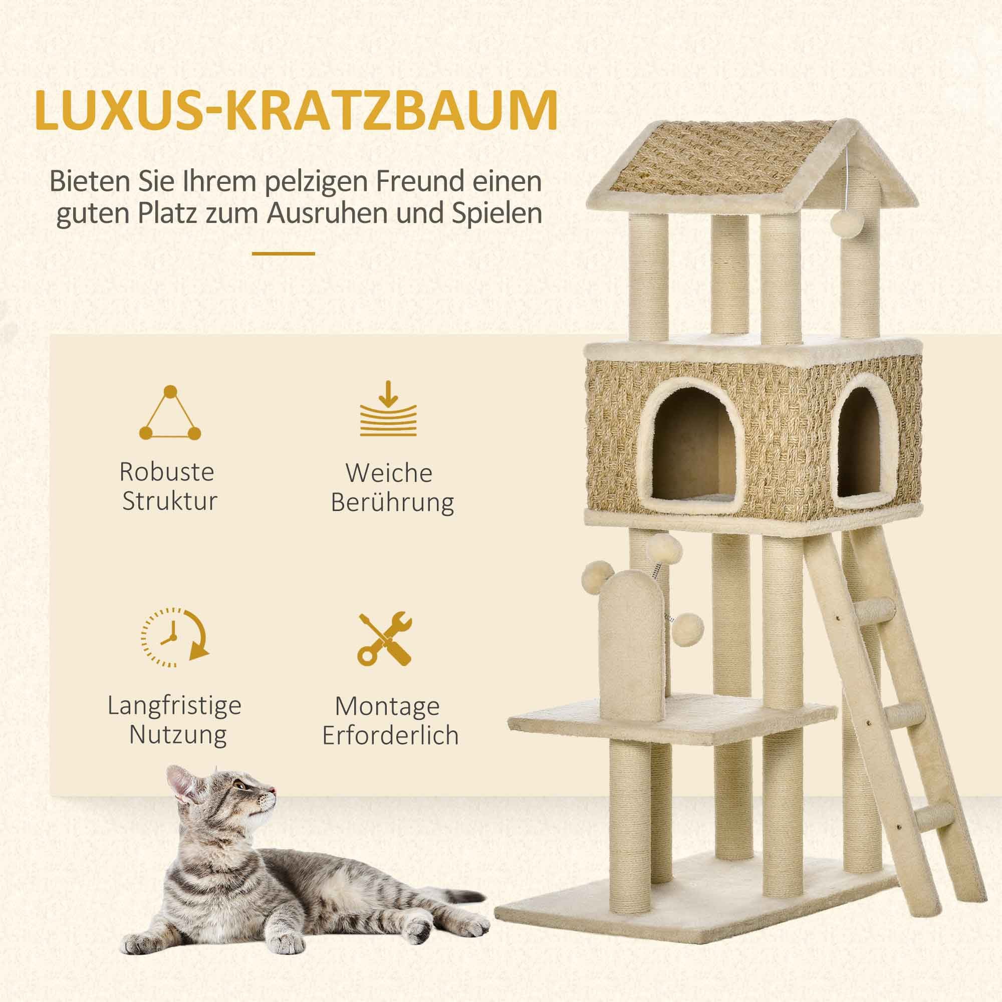 PawHut Kratzbaum Katzenbaum Kletterbaum mit Katzenhöhle Spielbälle, Spanplatte Plüsch Khaki+Beige – Bild 4 von 5