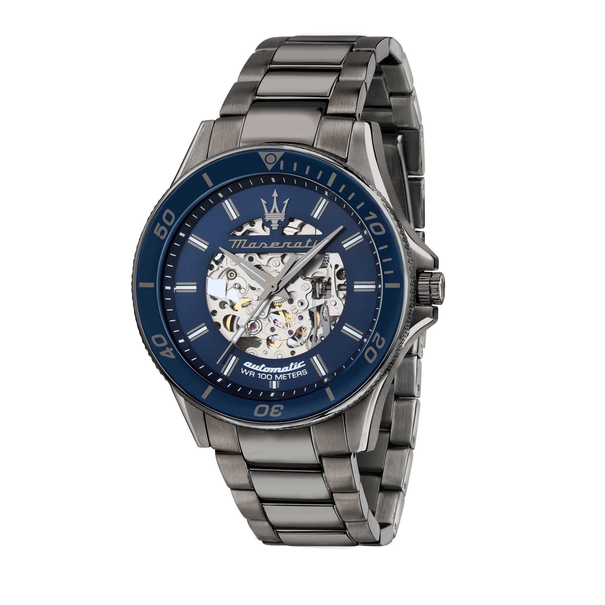 MASERATI Automatikuhr Sfida, 44 mm – Herrenarmbanduhr mit blauem Zifferblatt & Edelstahlband R8823140015, Markantes Automatikmodell in sportlichem Design