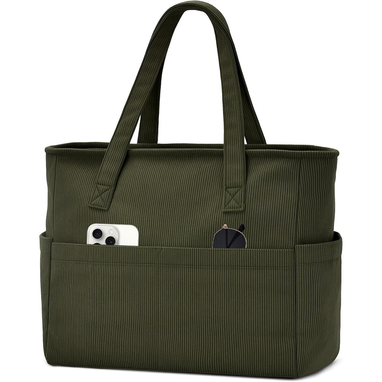 LuxusKollektion Handtasche Tasche Damen Tote Bag Arbeitstasche 17 Zoll Laptopfach Cord armeegrün