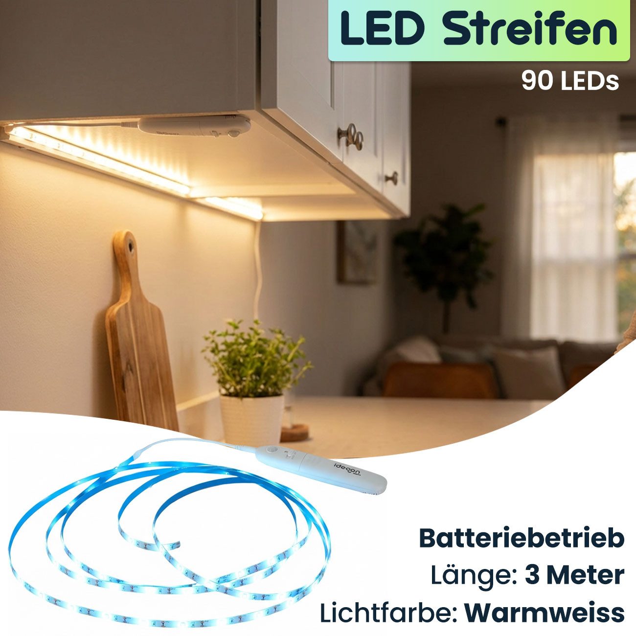 shop'n smile ideoon LED-Streifen 3m LED Streifen 3m Warmweiß mit Bewegungsmelder Batterie Nachtlicht, Erfassungswinkel 120°, 90 LEDs & Batteriebetrieb, Selbstklebend