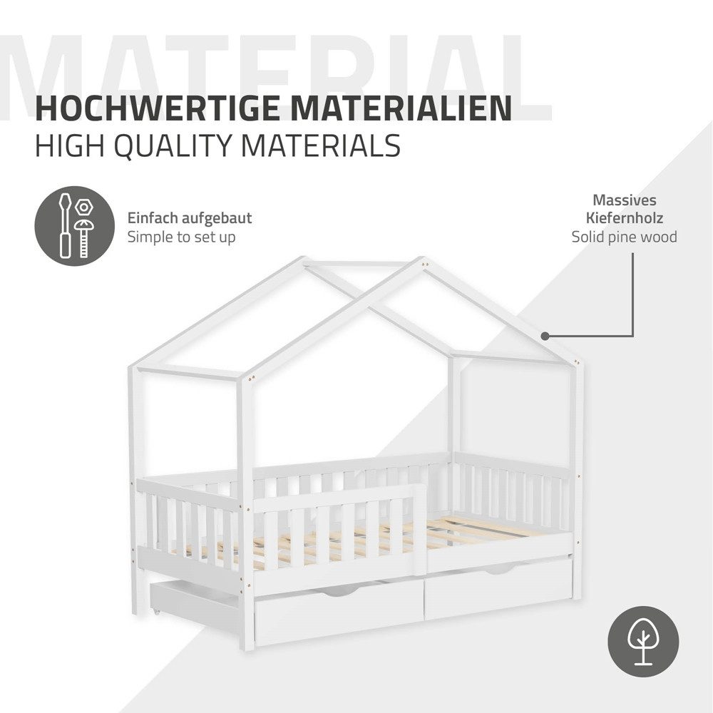 ML-DESIGN Spielbett Hausbett Kinderbett inkl. 2 Schubladen, Lattenrost und Rausfallschutz, Abenteuerbett 80x160cm Haus Bett Himmelbett Kiefer Jugendbett Weiß – Bild 5 von 5