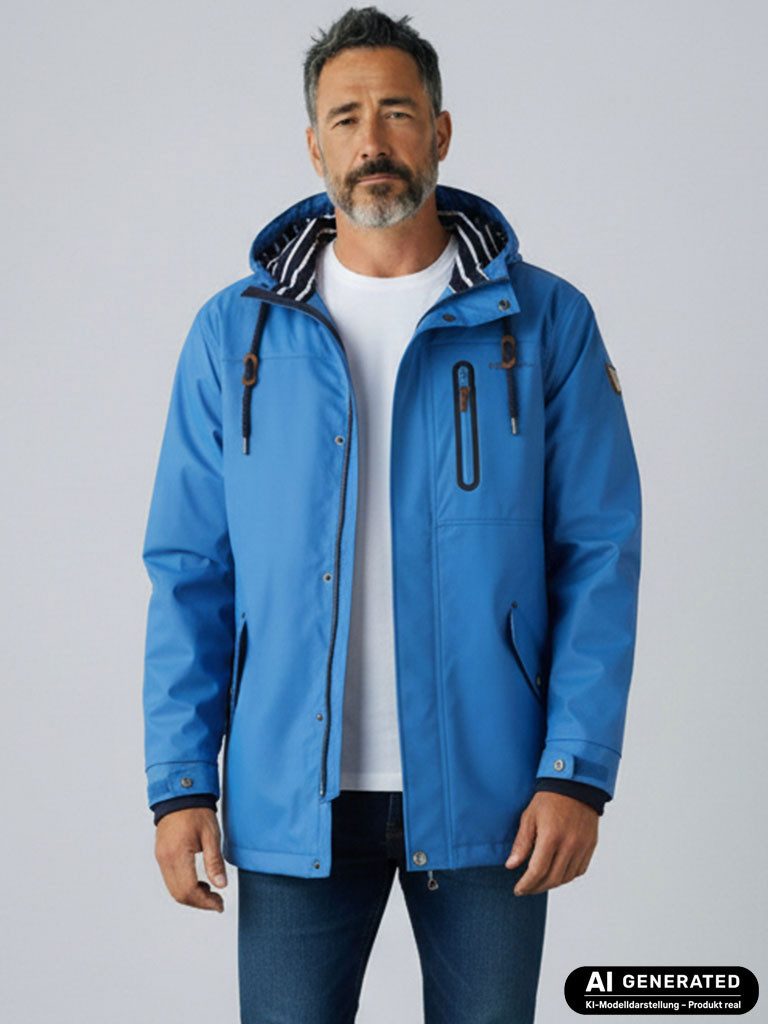 Dry Fashion Regenjacke Lübeck Herren PU-Parka - Outdoor-Jacke Mantel Wasserdicht & Winddicht Verschweißte Nähte, Verstellbare Kapuze, Abgedeckter Reißverschluss