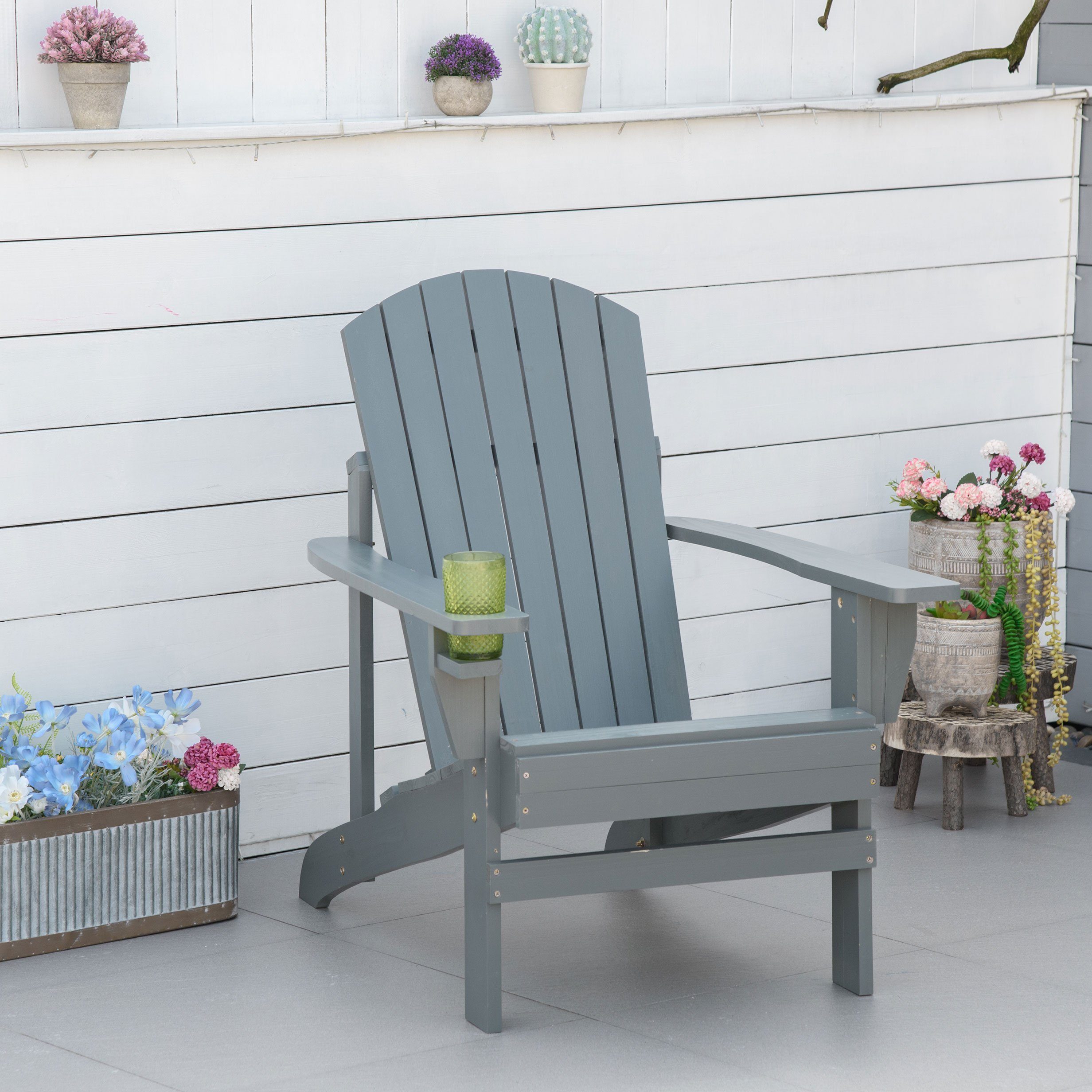 Outsunny Gartenstuhl Adirondack-Gartenstuhl mit Becherhalter (Terrassenstuh günstig online kaufen