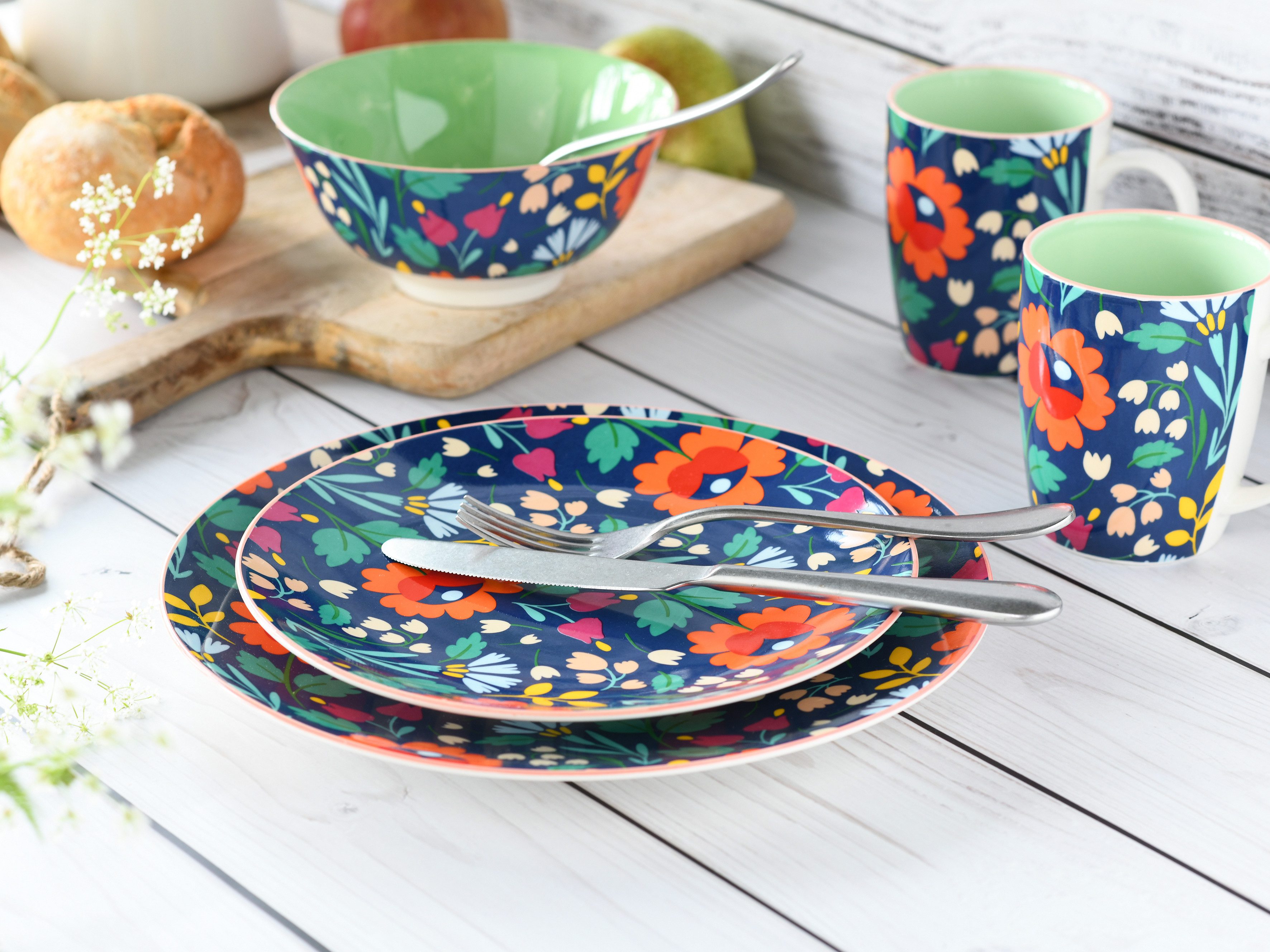 CreaTable Teller-Set Folklore Blau, Teller Set 12-tlg (12-tlg), 4 Personen, Steinzeug, Blumenmotive