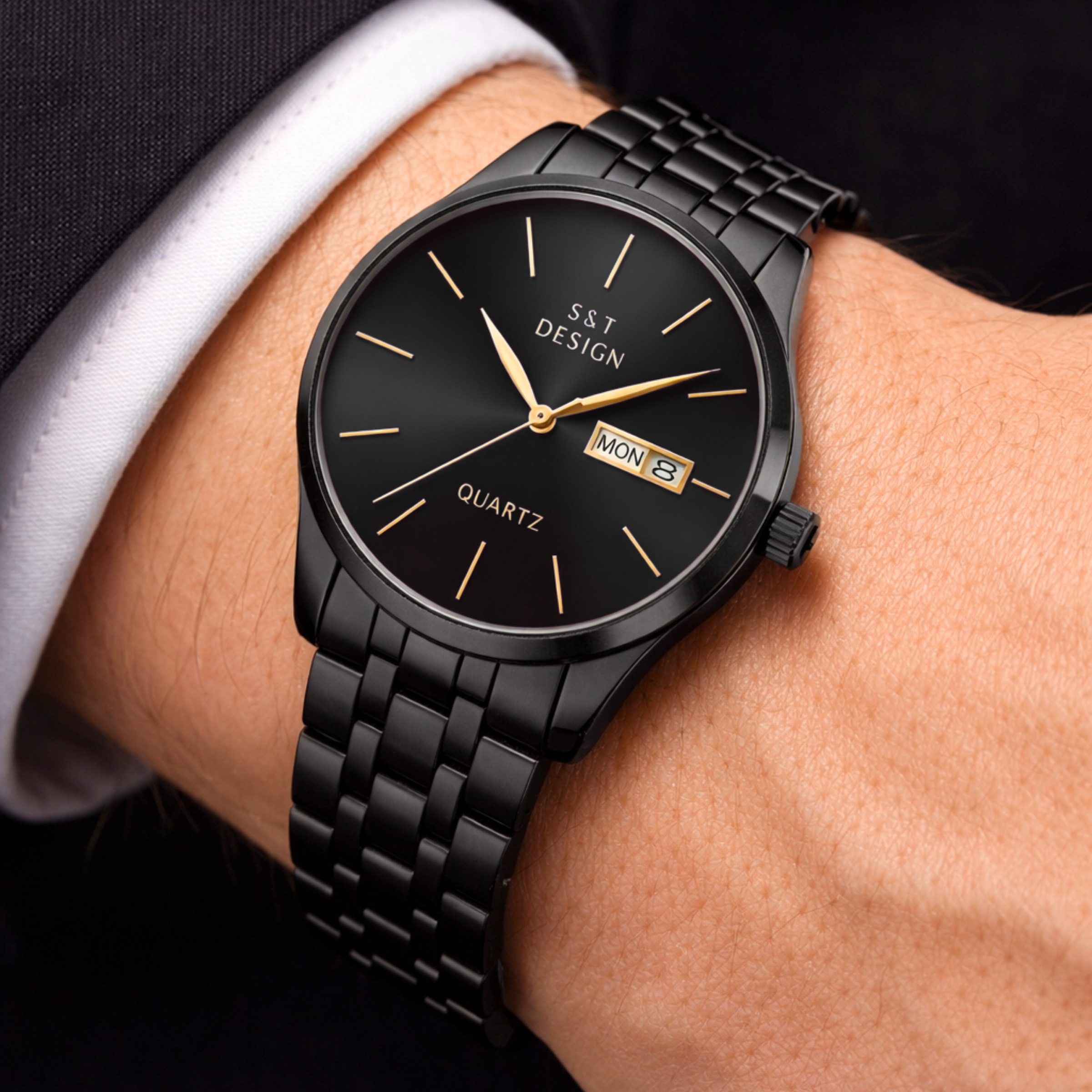 S&T Design Quarzuhr Herren Uhr Edelstahl Armbanduhr Herrenuhr V2, (Packung, inkl. Armbandkürzer & Uhrendose), Verbesserte Version Männer Uhr Schwarz Datum Wasserdicht 3Bar