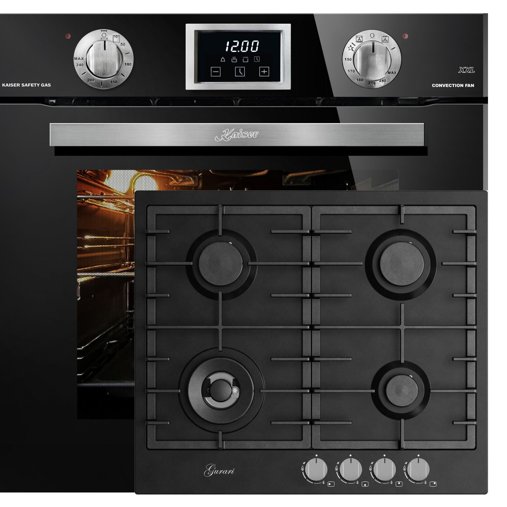 Kaiser Küchengeräte Backofen-Set Herd set Autark Einbaubackofen, 79 L, autark,Erdgas,Propangas+Gaskochfeld 60 cm, Schwarz 4,0 KW WOK, 4 Gasbrenner,Autark EG 6374 SP+GCH FB 604 BL, mit 1-fach-Teleskopauszug