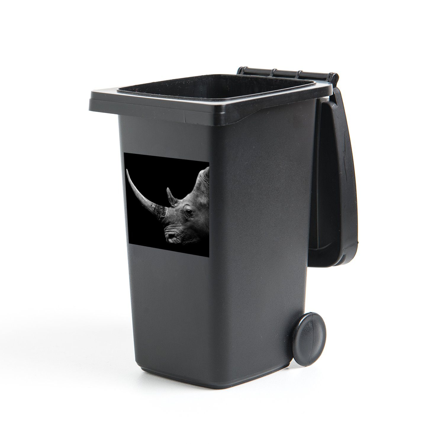 MuchoWow Wandsticker Nashorn - Tiere - Schwarz - Weiß - Porträt (1 St), Mülleimer-aufkleber, Mülltonne, Sticker, Container, Abfalbehälter